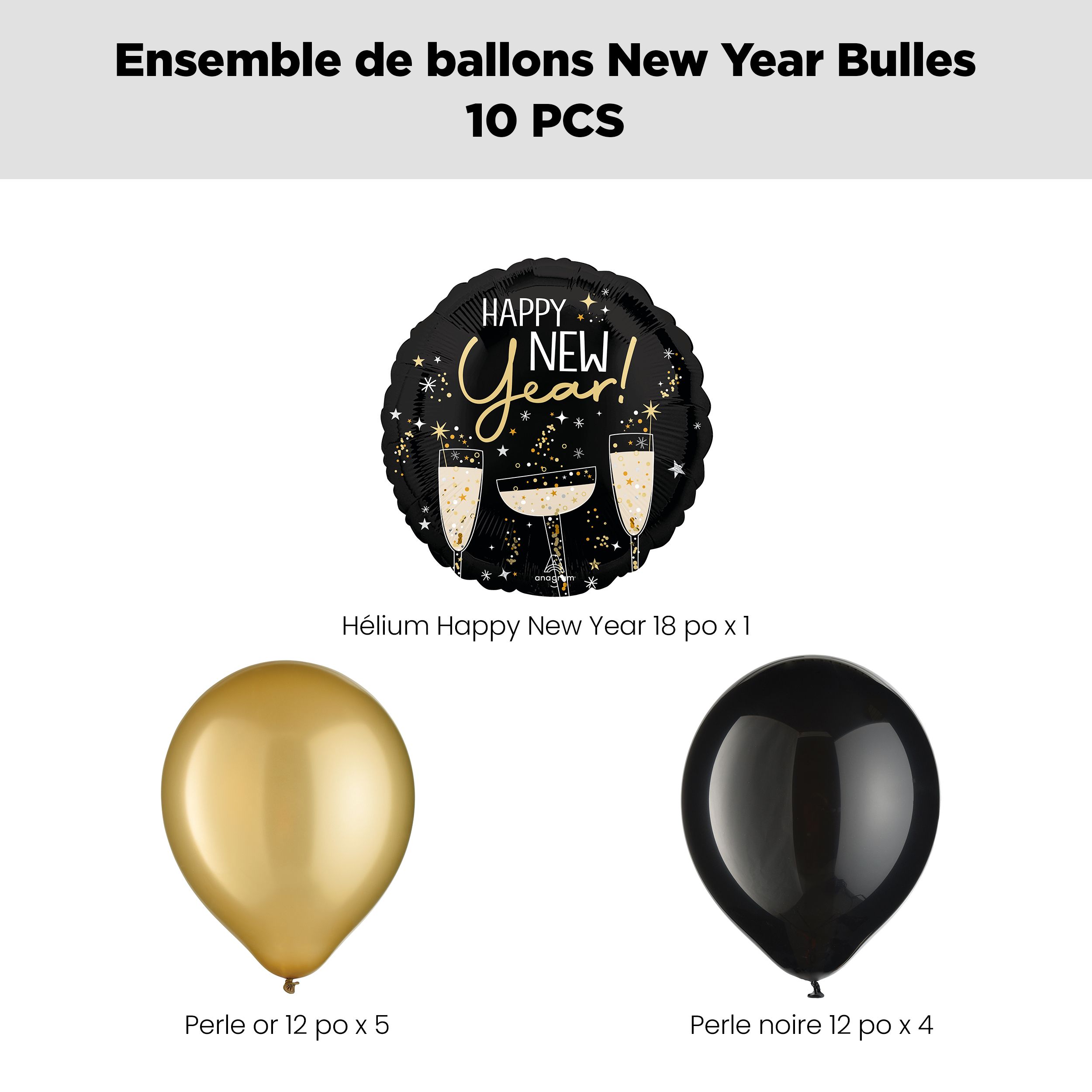 Bouquet de ballons métalliques satinés champagne Happy New Year avec ballons nacrés en latex, doré/noir, paq. 10, gonflage à l’hélium et ruban inclus, pour veille du jour de l’An Front_Flat