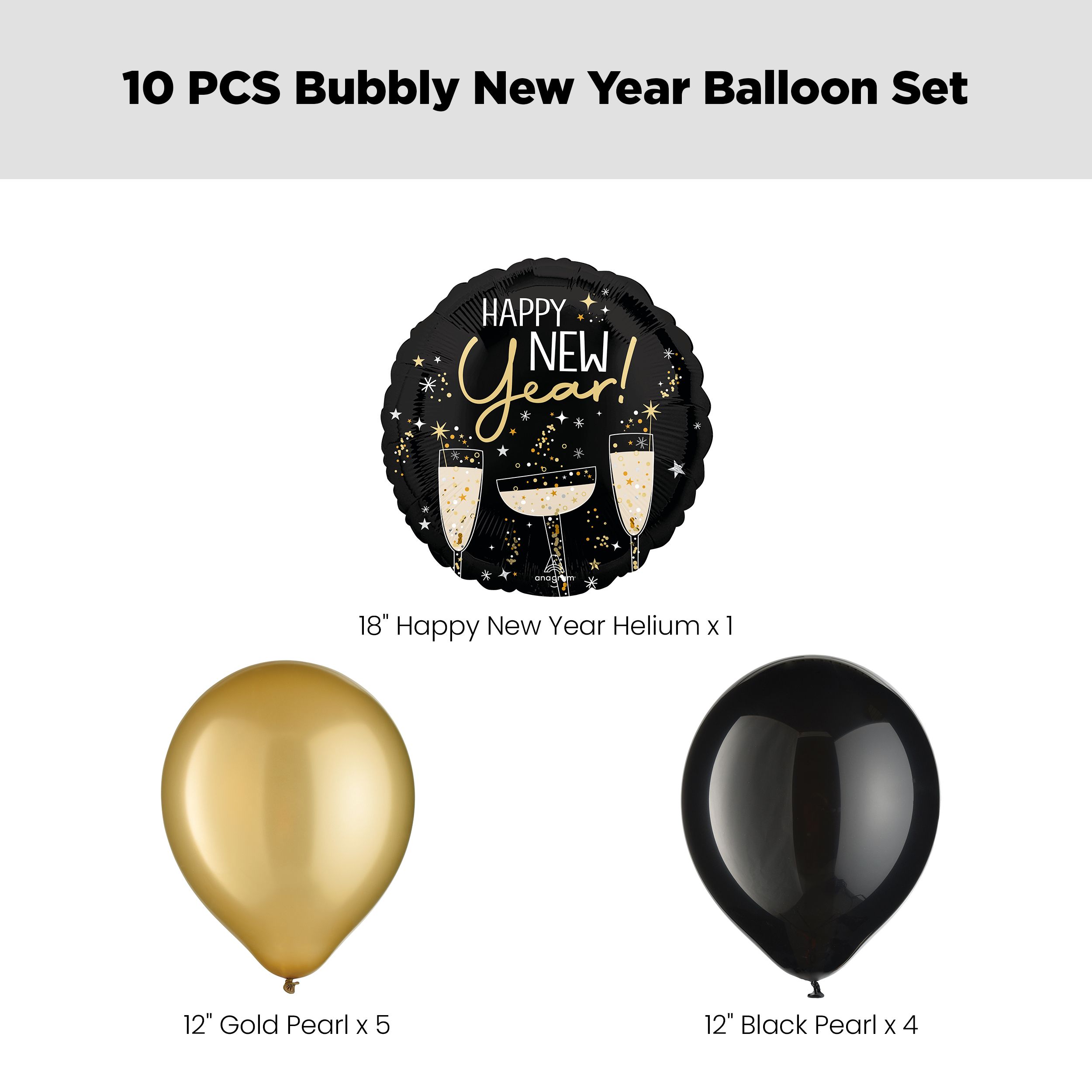 "Happy New Year" Bubbly Satin Foil Balloon Bouquet with Pearl Latex Balloons, Gold/Black, 10-pk, Helium Inflation & Ribbon Included for New Year's Eve Front_Flat