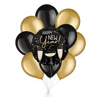 "Happy New Year" Bubbly Satin Foil Balloon Bouquet with Pearl Latex Balloons, Gold/Black, 10-pk, Helium Inflation & Ribbon Included for New Year's Eve Front_Flat
