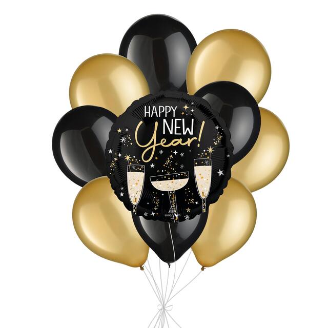 Bouquet de ballons métalliques satinés champagne Happy New Year avec ballons nacrés en latex, doré/noir, paq. 10, gonflage à l’hélium et ruban inclus, pour veille du jour de l’An Front_Flat