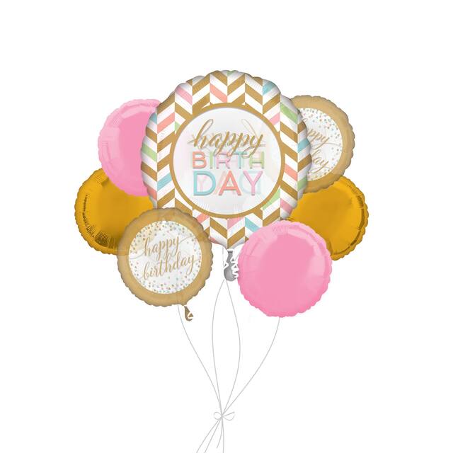 “Happy Birthday” Pastel Stripe Jumbo Balloon Bouquet with Round Foil Balloons, Pink and Gold, 7-pk, Helium Inflation & Ribbon Included Front_Flat