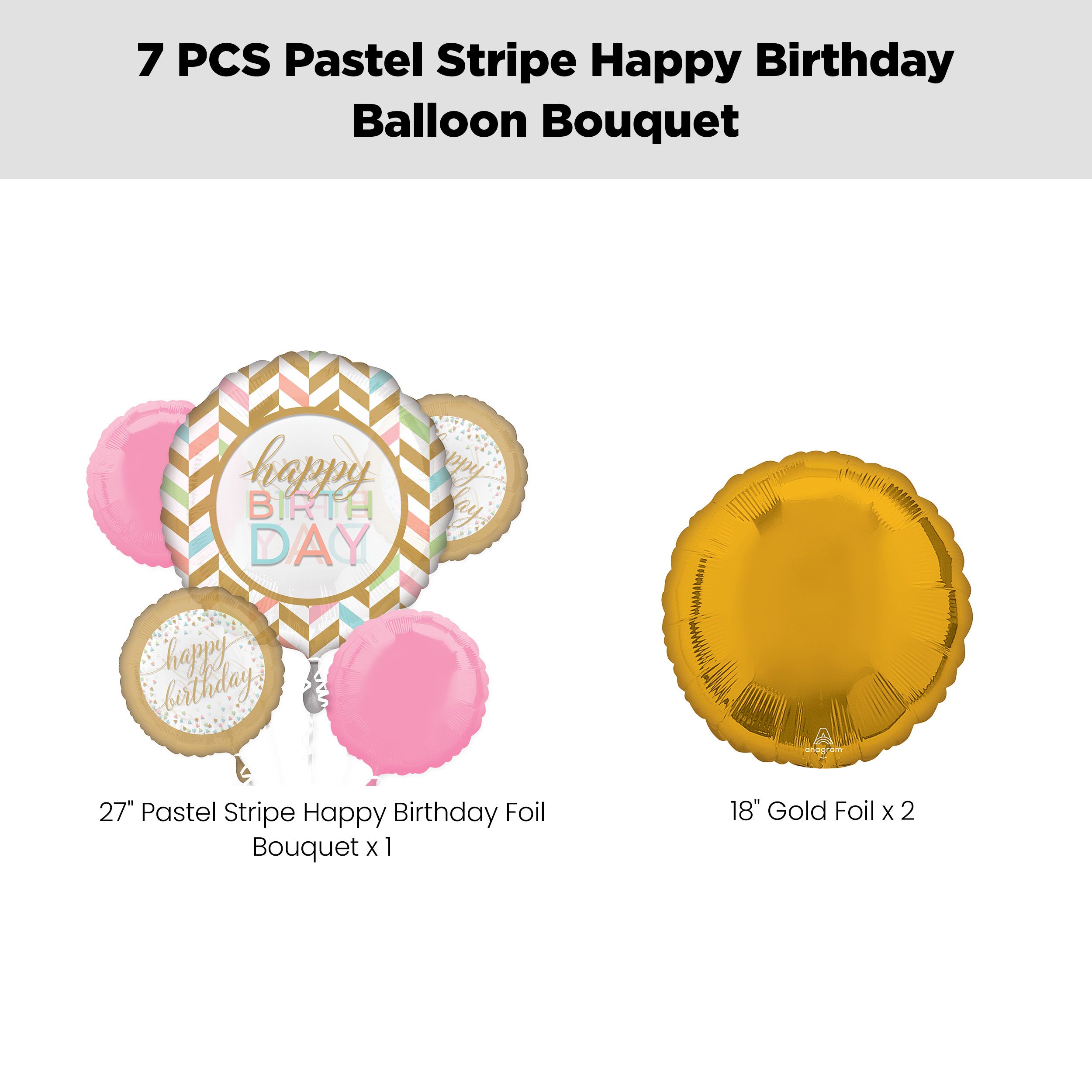 “Happy Birthday” Pastel Stripe Jumbo Balloon Bouquet with Round Foil Balloons, Pink and Gold, 7-pk, Helium Inflation & Ribbon Included Front_Flat