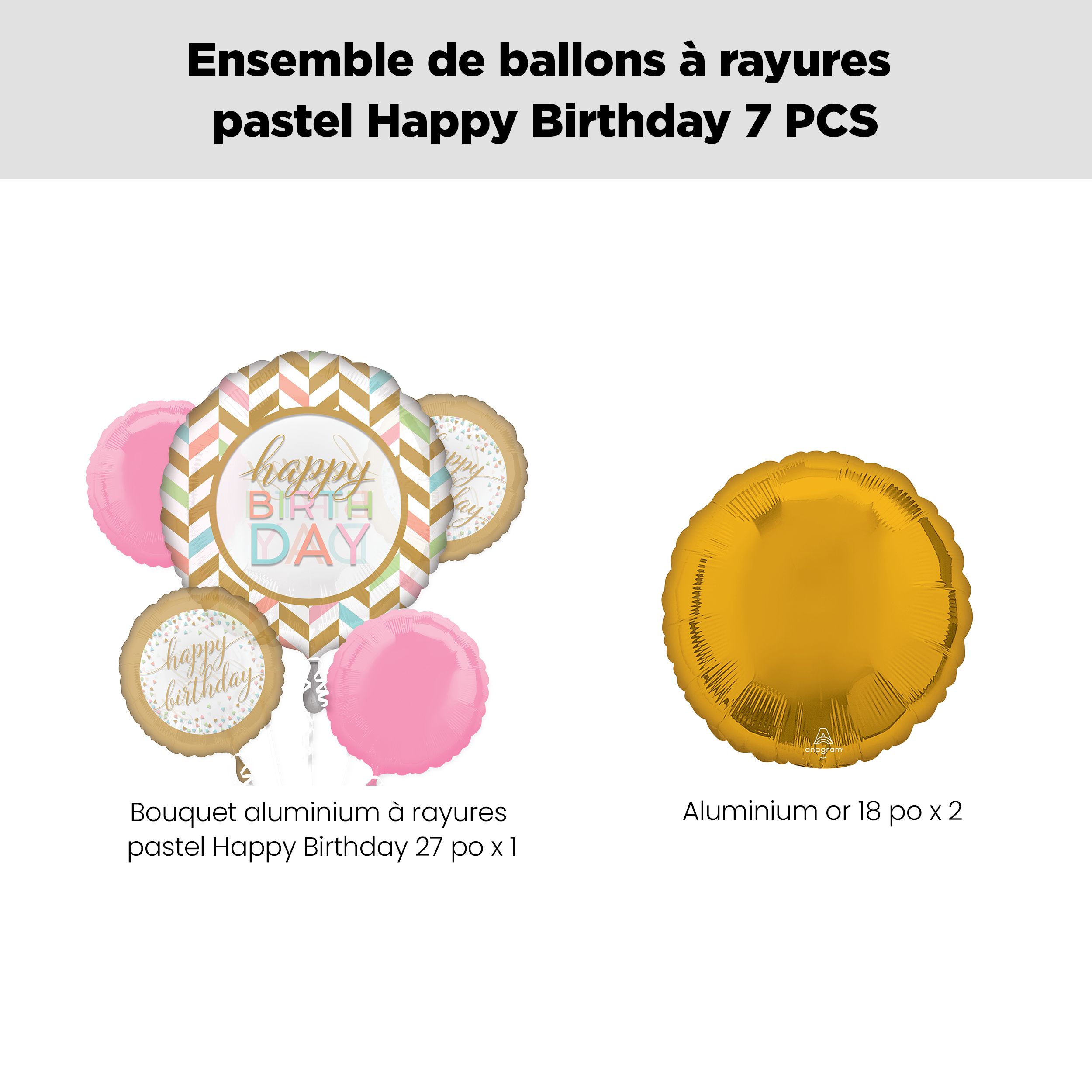 Bouquet de ballon géant à rayures pastel Happy Birthday avec ballons en aluminium ronds roses et dorés, 7 pièces, gonflage à l'hélium et ruban inclus Front_Flat