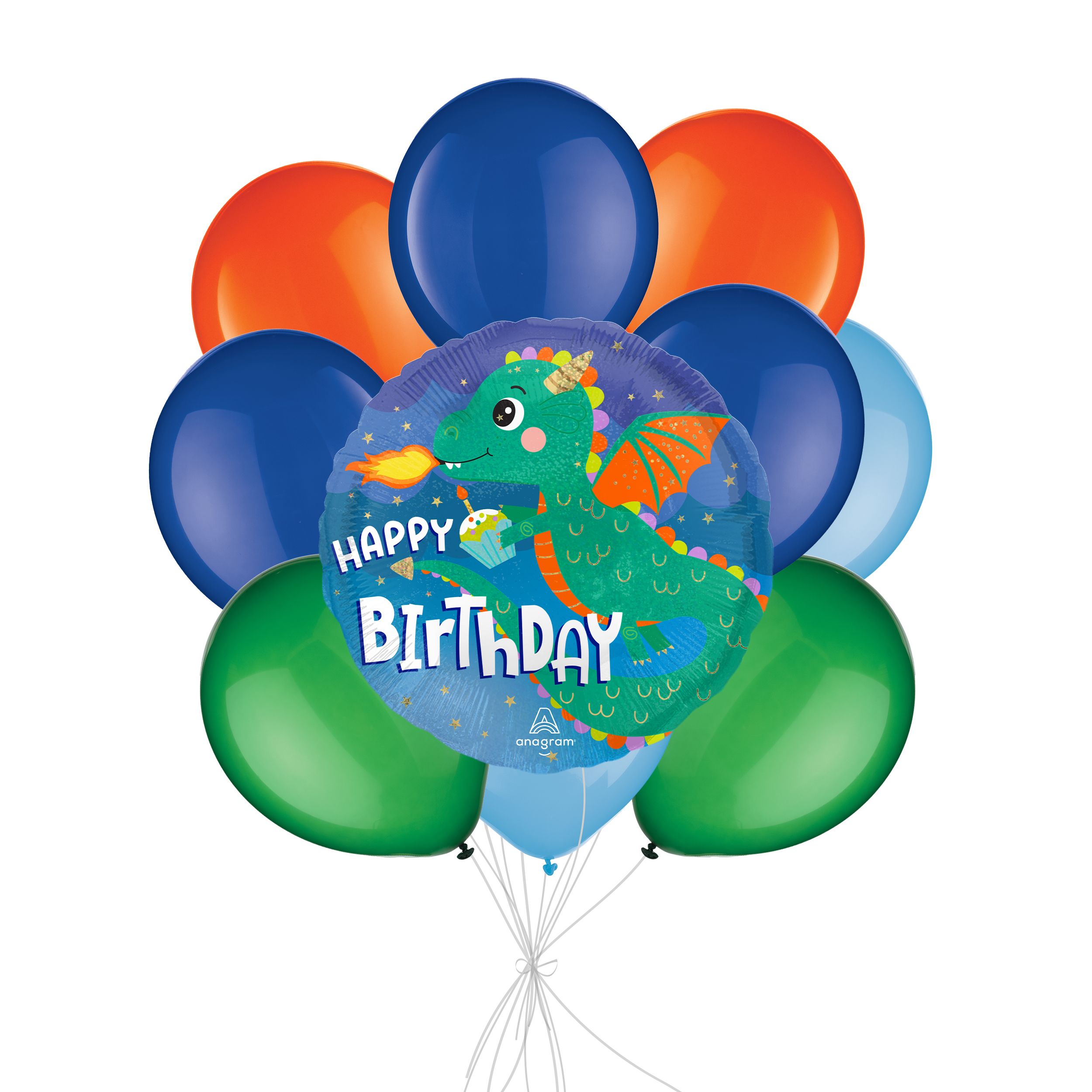 "Happy Birthday" Cute Dragon Balloon Bouquet with Latex Balloons, Orange/Blue/Festive Green, 10-pk, Helium Inflation & Ribbon Included Front_Flat
