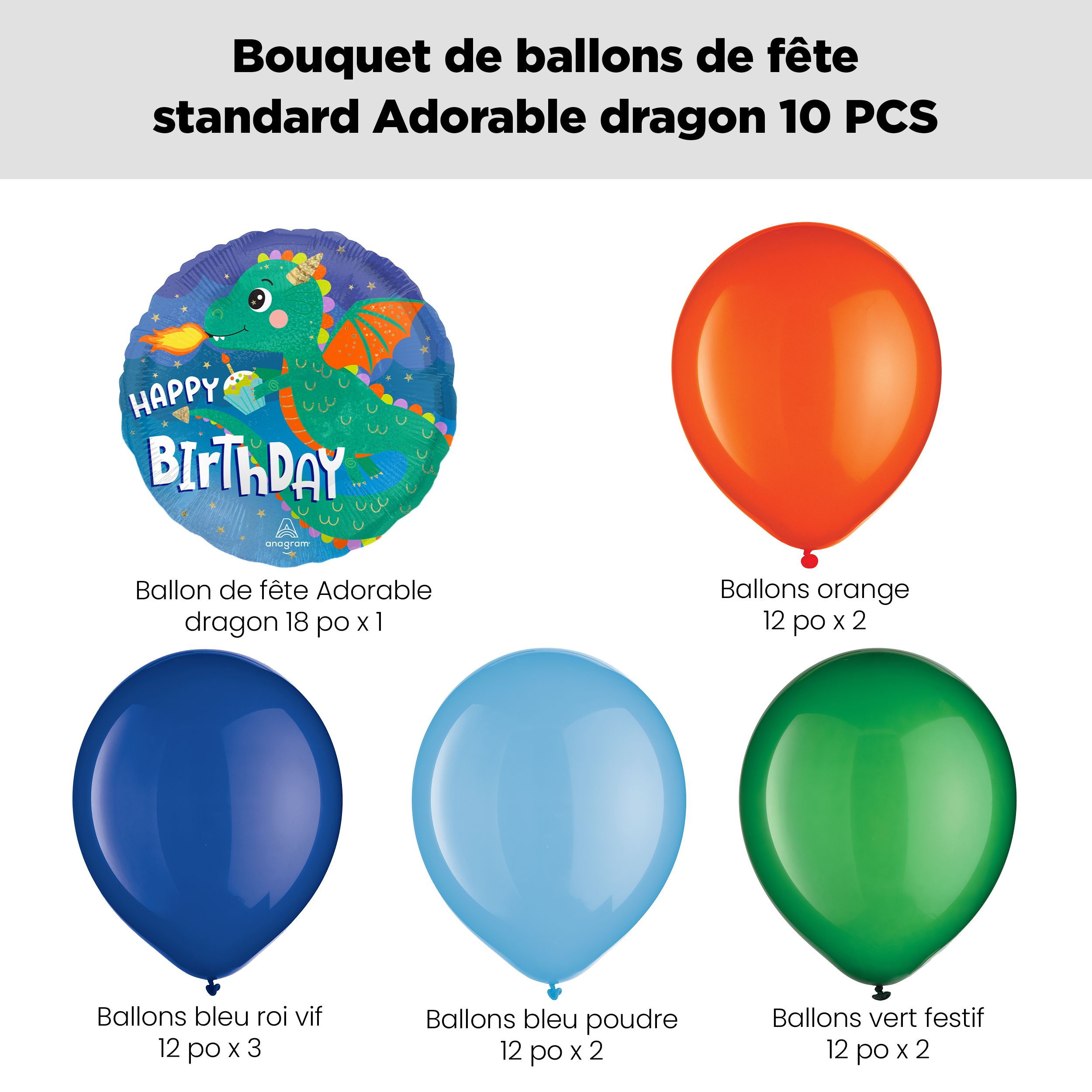Bouquet de ballons avec ballon « Happy Birthday! », dragon mignon, et ballons en latex, orange, bleu, vert festif, paq. 10, gonflage à l’hélium et ruban compris Front_Flat