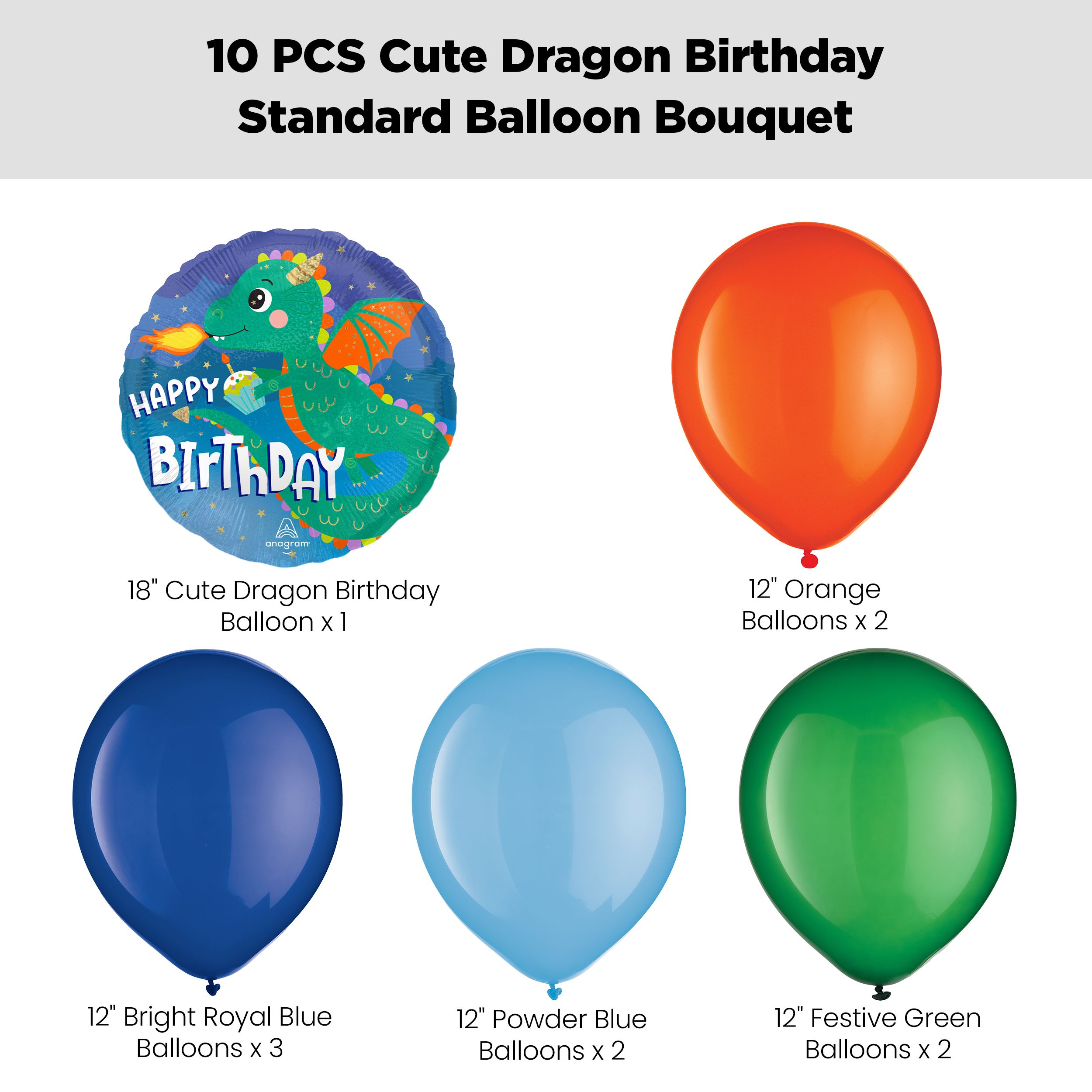 "Happy Birthday" Cute Dragon Balloon Bouquet with Latex Balloons, Orange/Blue/Festive Green, 10-pk, Helium Inflation & Ribbon Included Front_Flat