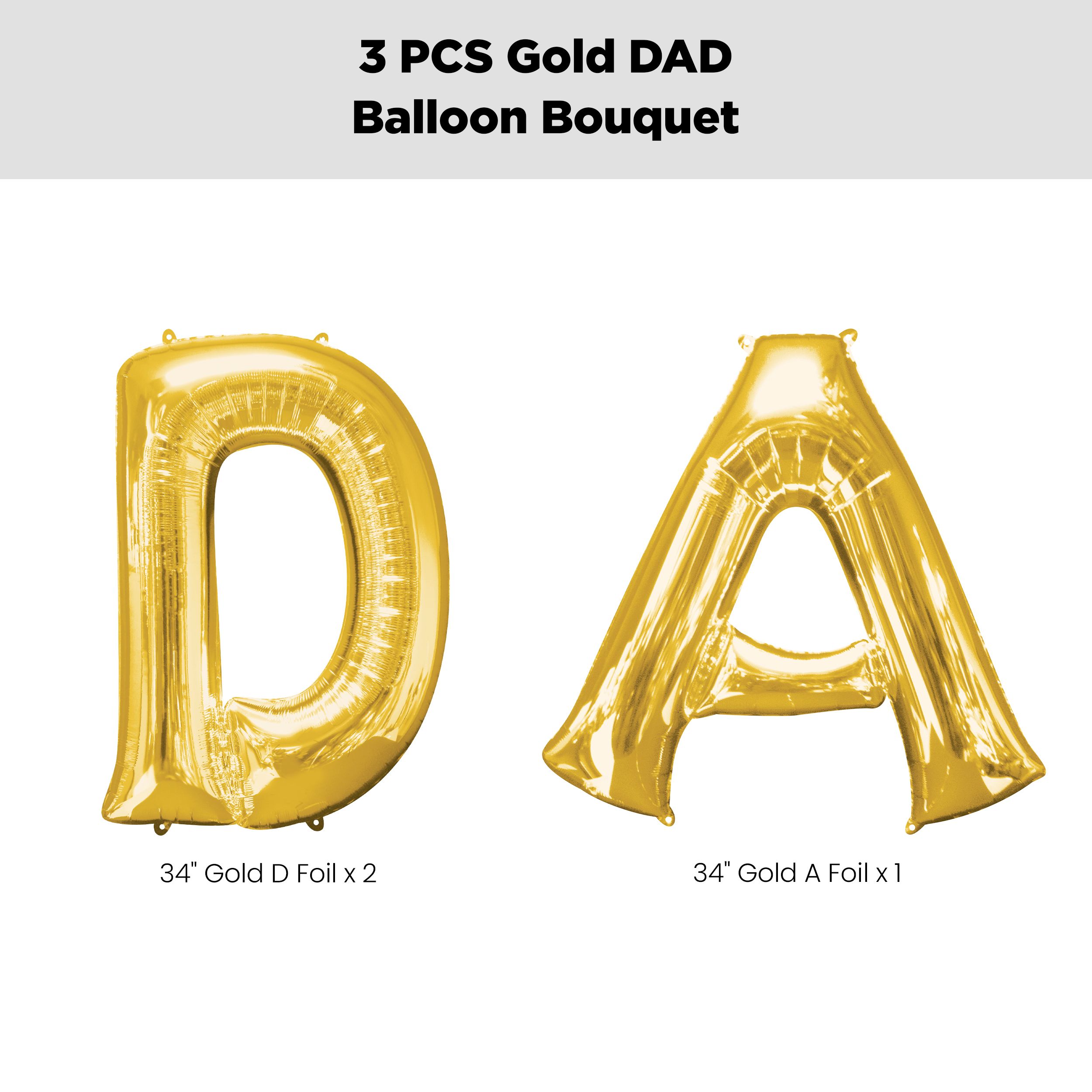 “DAD” Foil Letter Balloon Bouquet, Gold, 3-pk, Helium Inflation & Ribbon Included for Father's Day Front_Flat