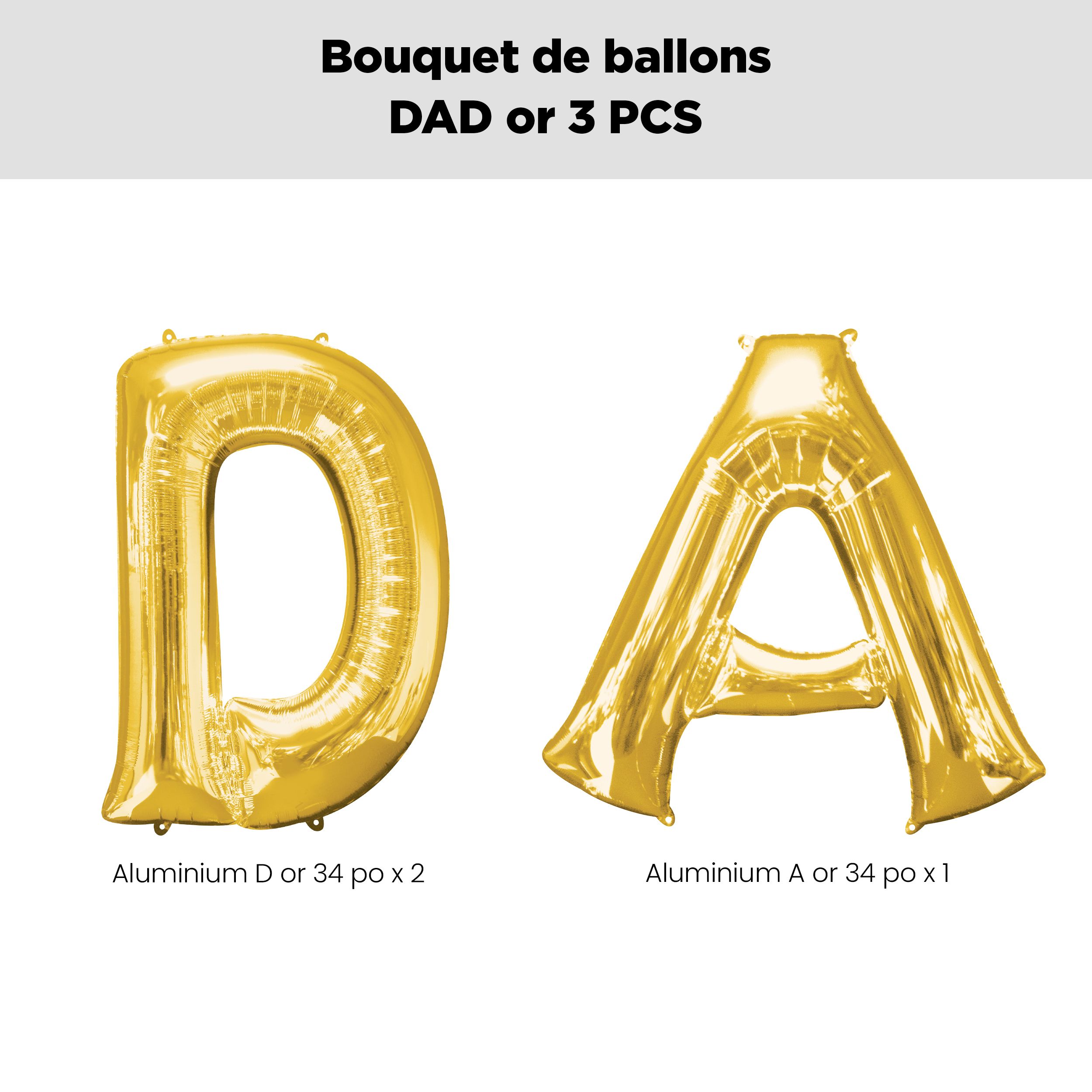 Bouquet de ballons dorés en lettres métalliques DAD, paq.&nbsp;3, gonflage à l’hélium et ruban compris pour la fête des Pères Front_Flat
