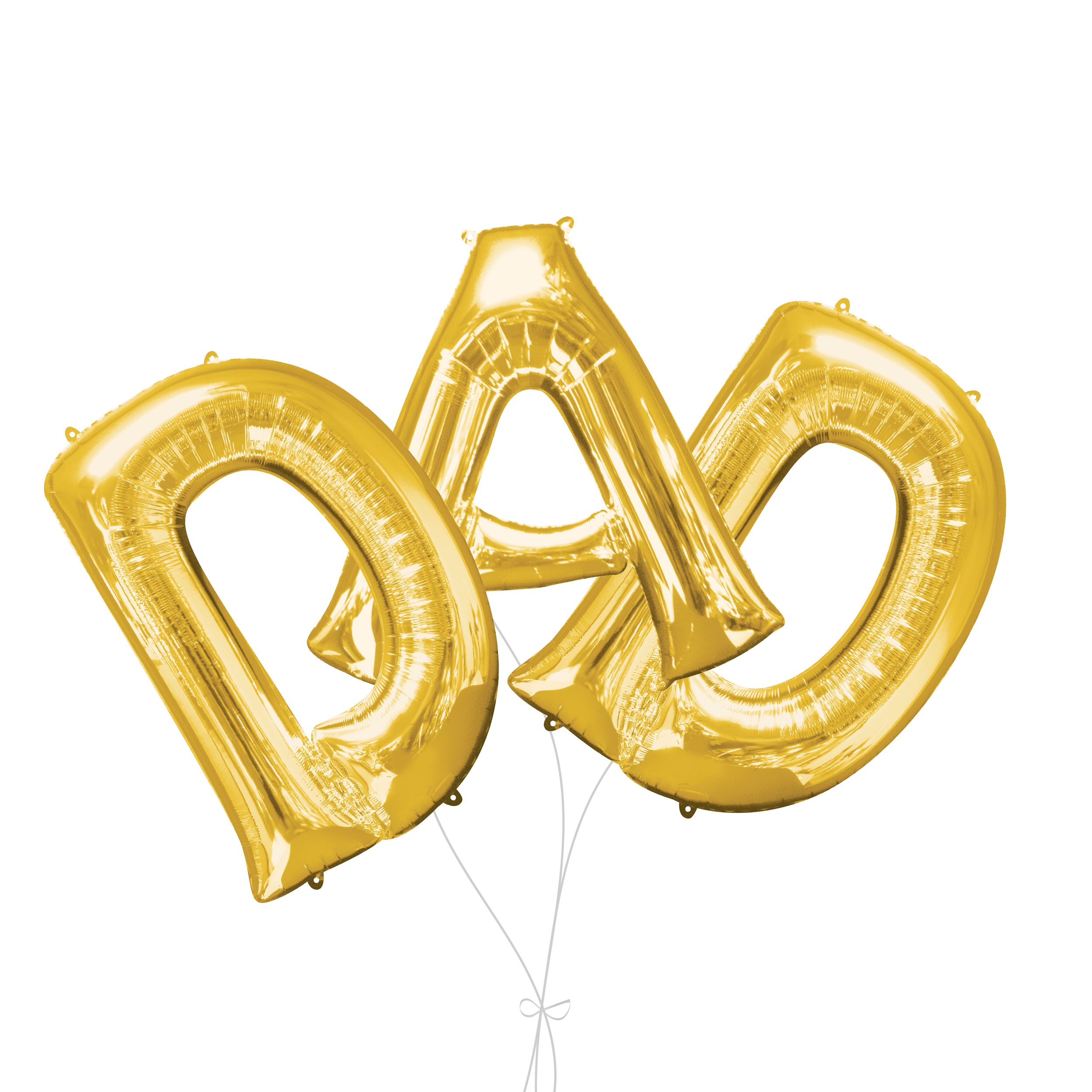“DAD” Foil Letter Balloon Bouquet, Gold, 3-pk, Helium Inflation & Ribbon Included for Father's Day Front_Flat
