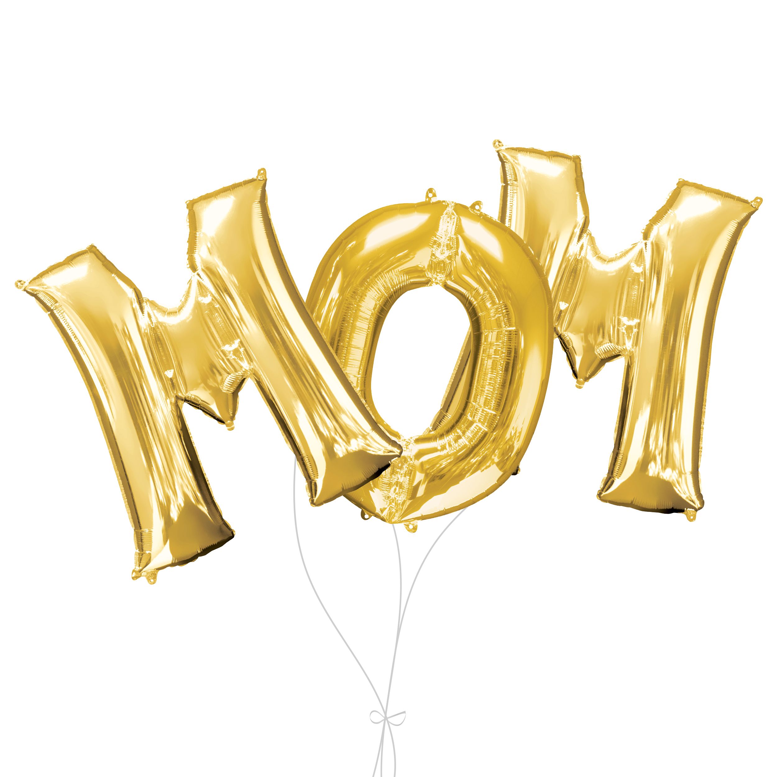 Bouquet de ballons en lettres métalliques «&nbsp;MOM&nbsp;», doré, paq. 3, gonflage à l’hélium et ruban inclus pour la Fête des Mères Front_Flat