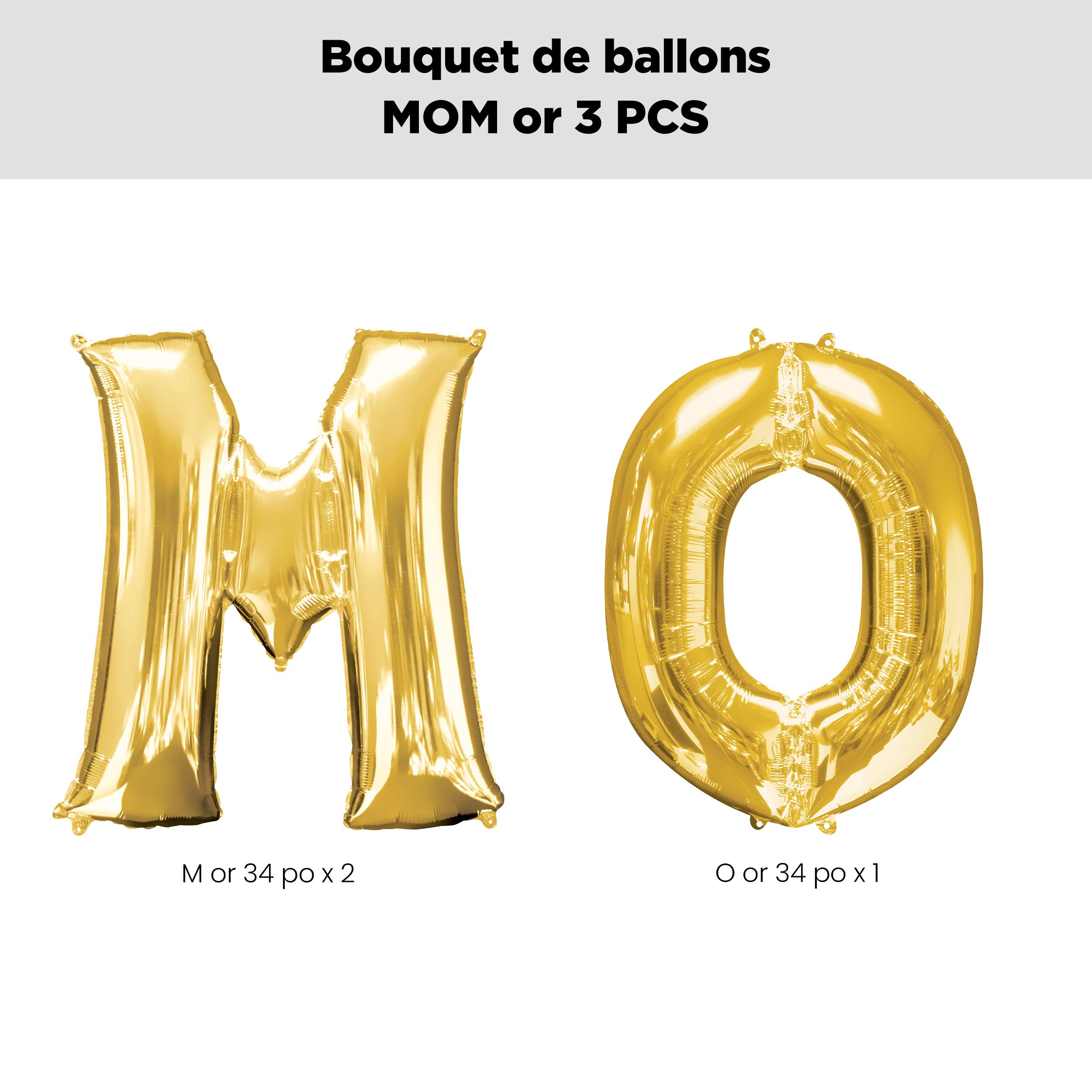 Bouquet de ballons en lettres métalliques «&nbsp;MOM&nbsp;», doré, paq. 3, gonflage à l’hélium et ruban inclus pour la Fête des Mères Front_Flat