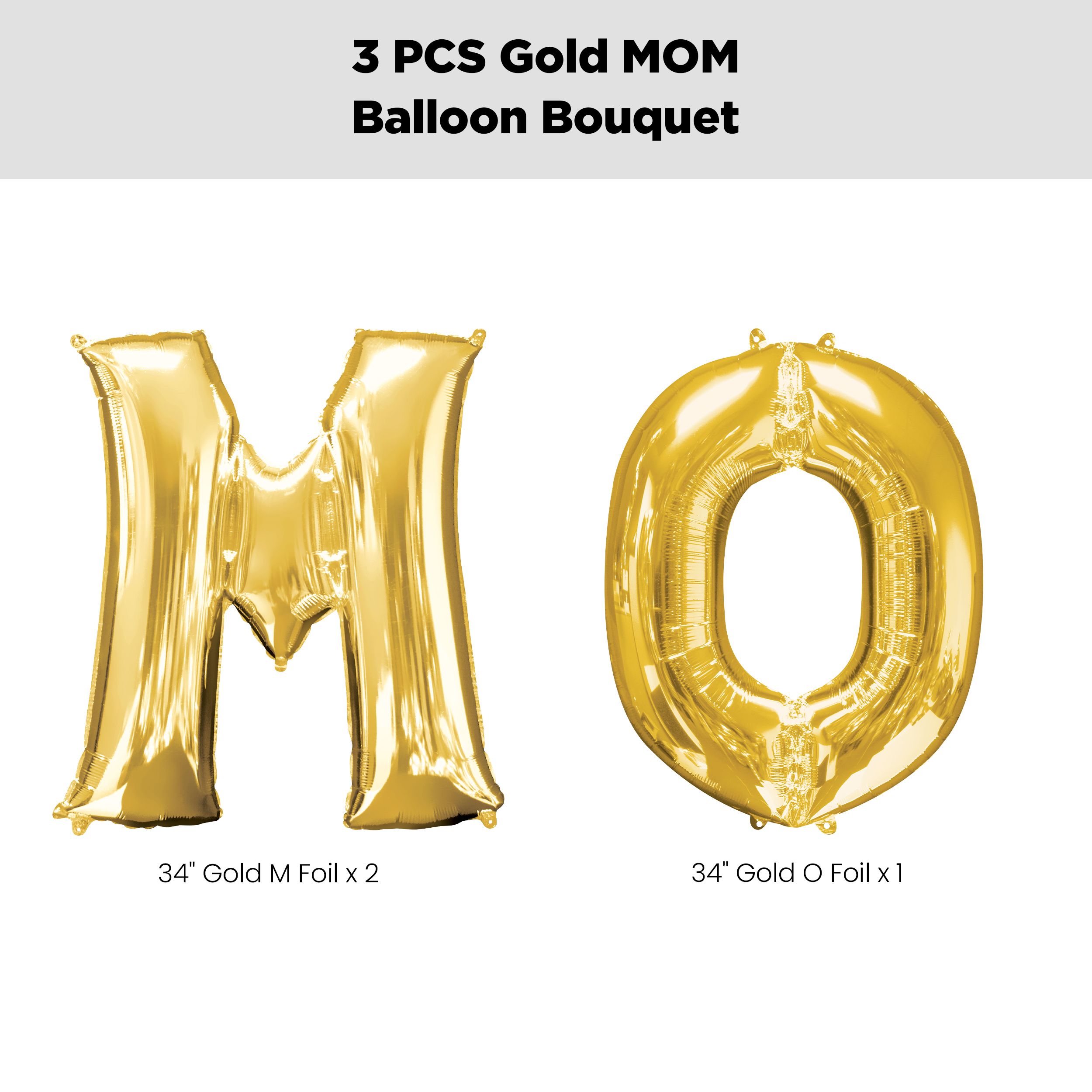 “MOM” Foil Letter Balloon Bouquet, Gold, 3-pk, Helium Inflation & Ribbon Included for Mother’s Day Front_Flat