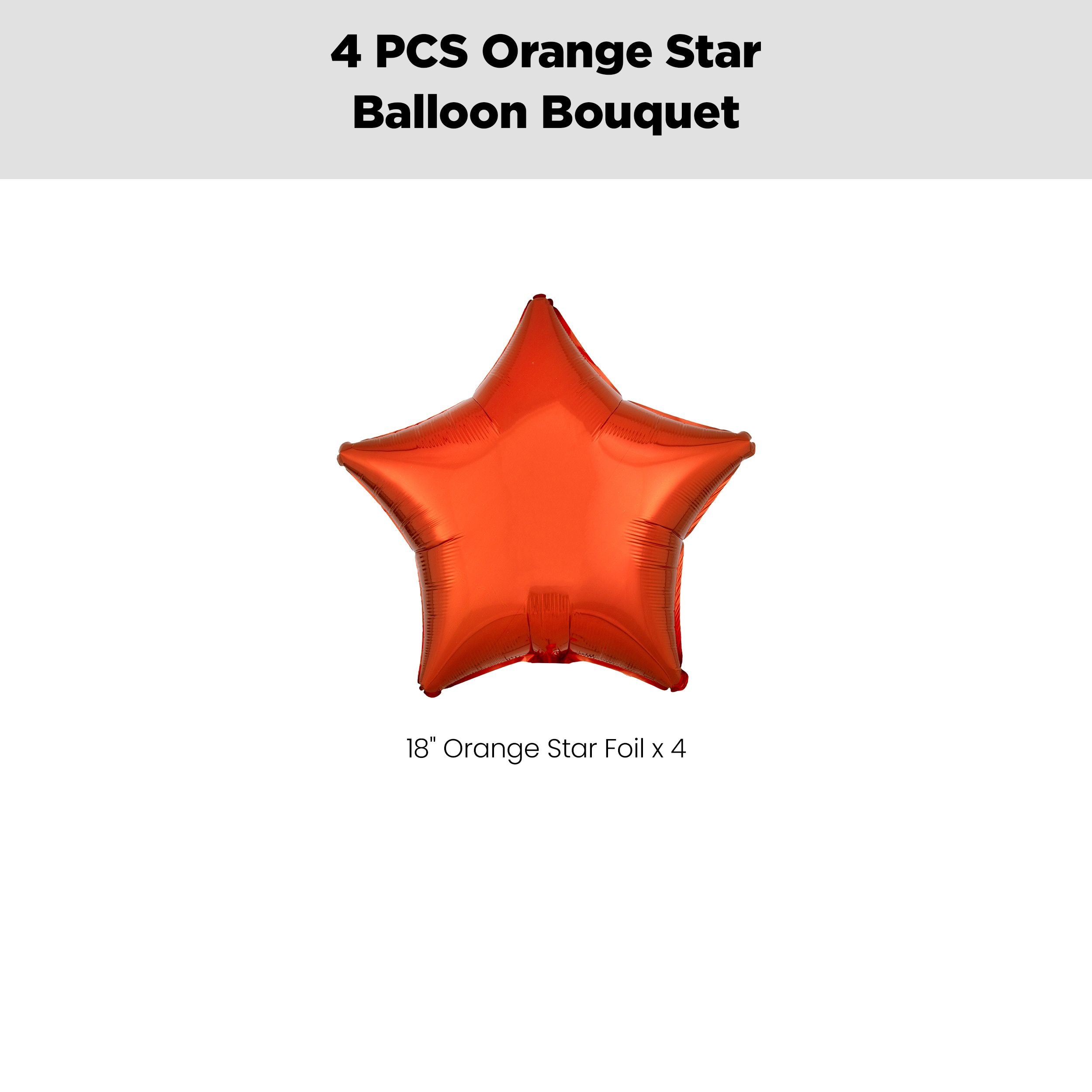 Star Foil Balloon Bouquet, Orange, 4-pk, Helium Inflation & Ribbon Included for Birthday/Special Occasion Front_Flat