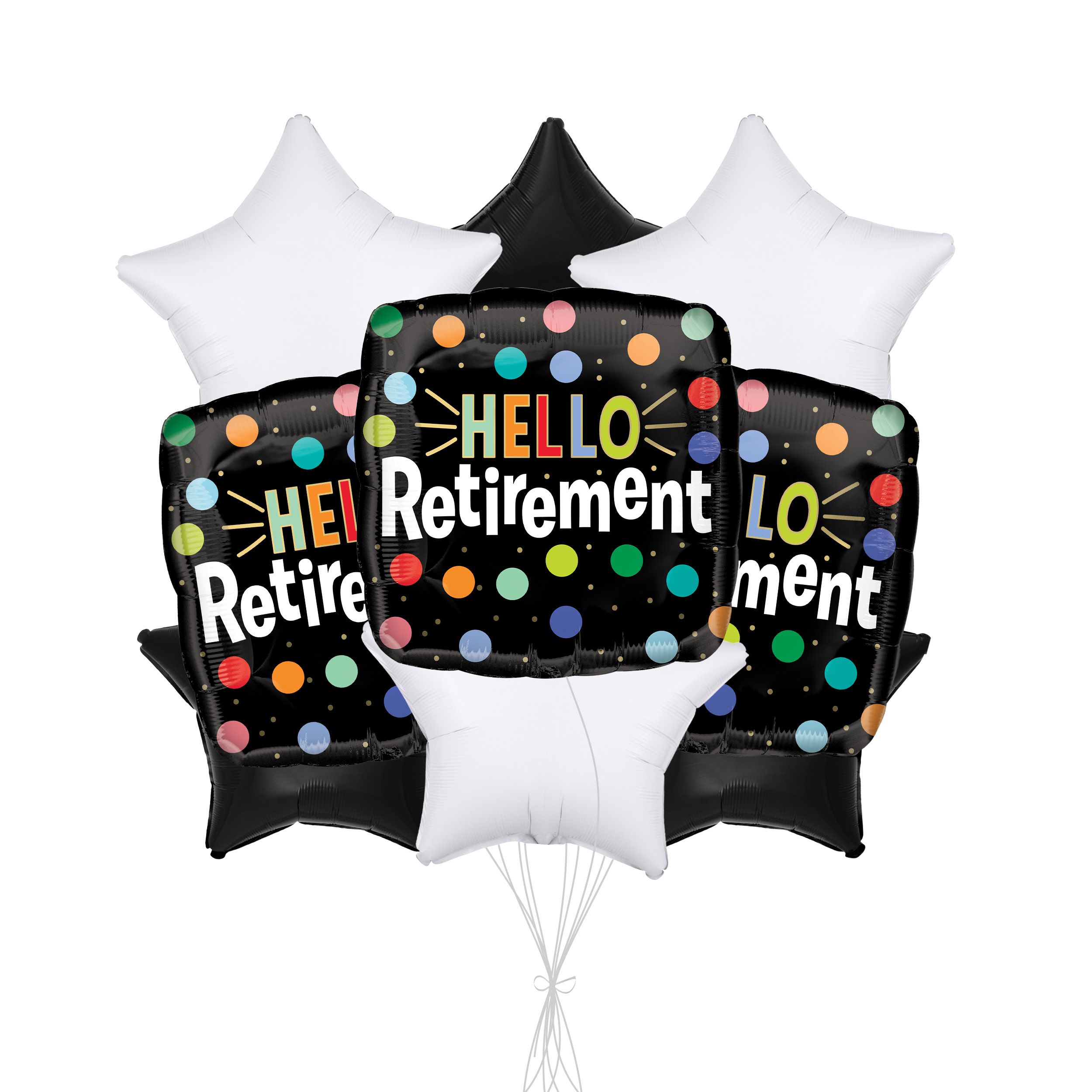 "Hello Retirement" Balloon Bouquet with Star Foil Balloons, Black/White, 9-pk, Helium Inflation & Ribbon Included Front_Flat