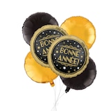 "Bonne Année" French Round Satin Foil Balloon Bouquet with Foil Balloons, Gold/Black, 6-pk, Helium Inflation & Ribbon Included for New Year's Eve Front_Flat
