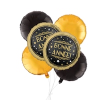 "Bonne Année" French Round Satin Foil Balloon Bouquet with Foil Balloons, Gold/Black, 6-pk, Helium Inflation & Ribbon Included for New Year's Eve