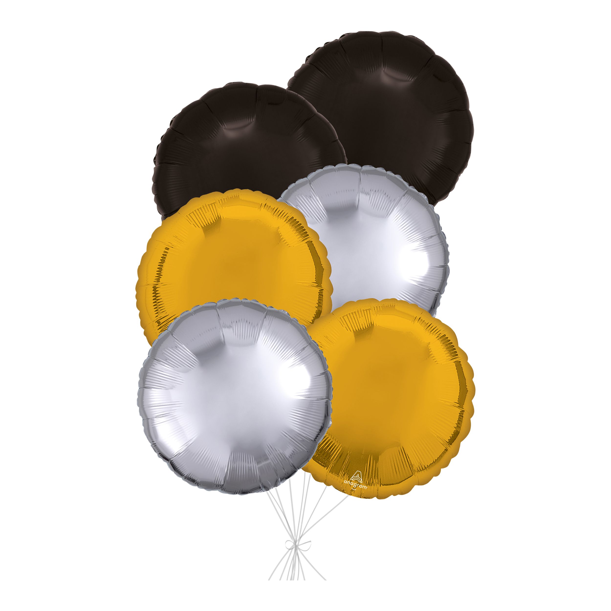 Bouquet ballons dorés, argentés et noirs en aluminium de forme ronde, paq.&nbsp;6, gonflage à l'hélium et ruban inclus pour veille du jour de l'An et occasions spéciales Front_Flat