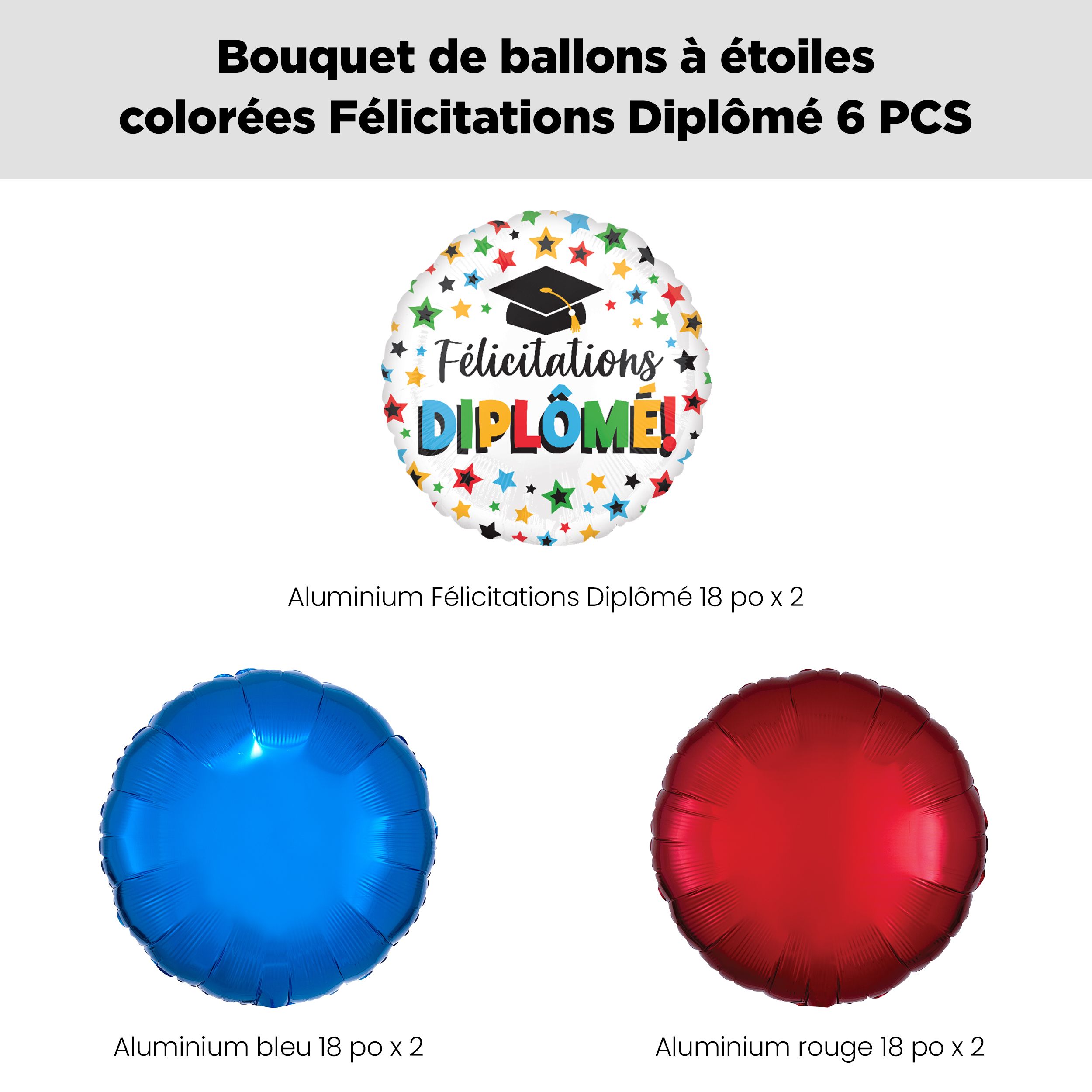 Bouquet de ballons scintillants «&nbsp;Félicitations Diplôme!&nbsp;» étoiles colorées avec ballons ronds en aluminium bleus et rouges, paq. 6, gonflage à l’hélium et ruban inclus Front_Flat