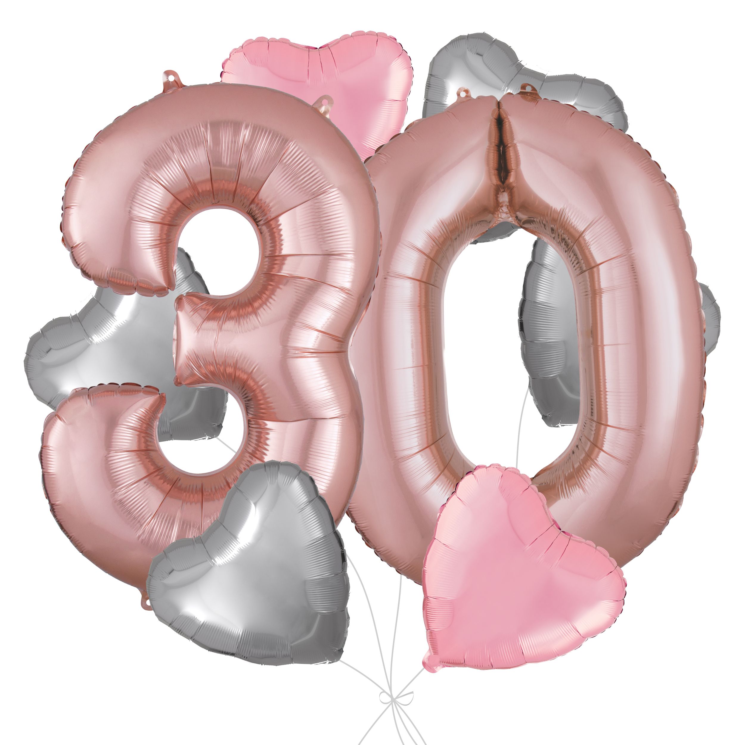 Number "30" Rose Gold Balloon Bouquet with Heart Foil Balloons, Silver/Pink, 8-pk, Helium Inflation & Ribbon Included for Birthday/Anniversary Front_Flat