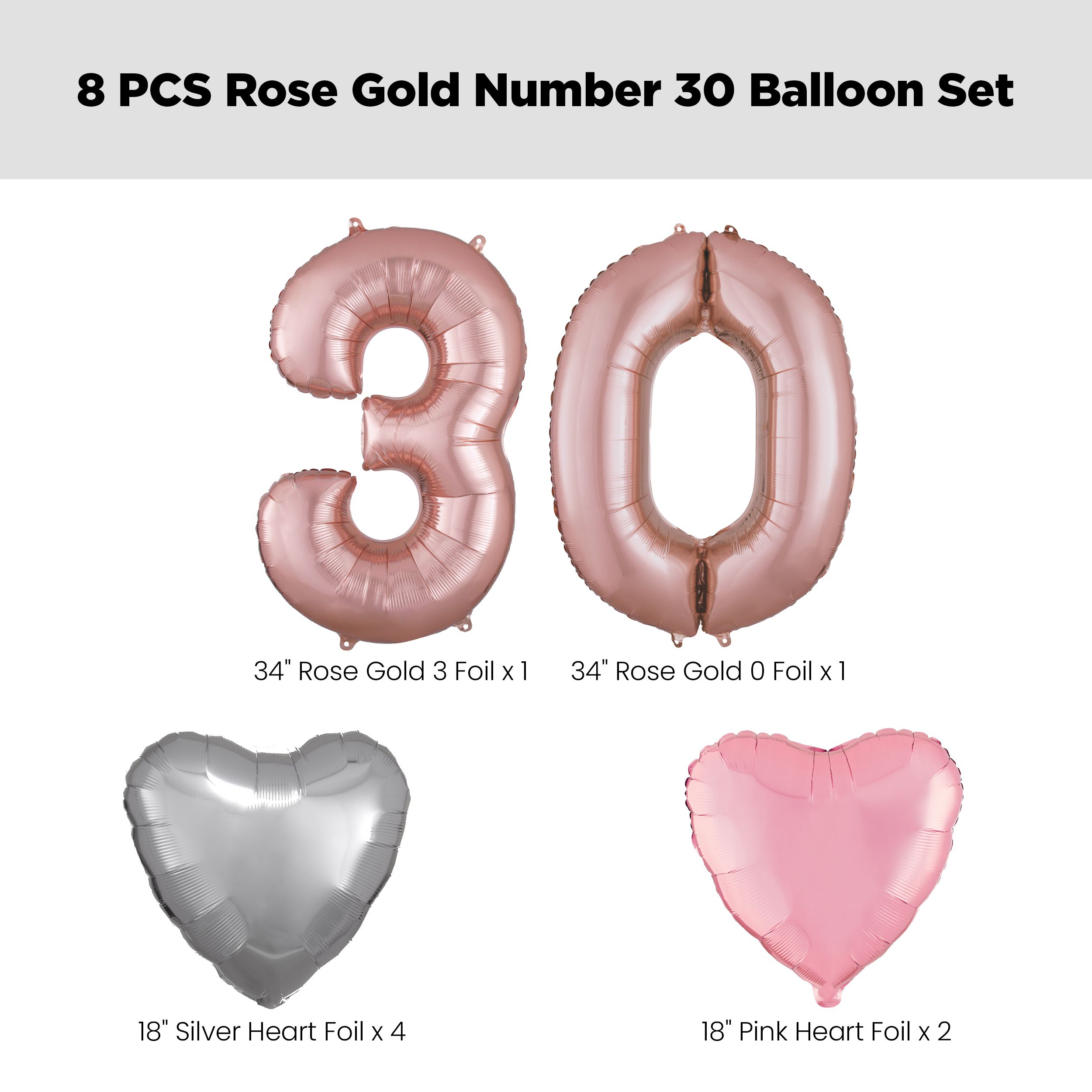 Number "30" Rose Gold Balloon Bouquet with Heart Foil Balloons, Silver/Pink, 8-pk, Helium Inflation & Ribbon Included for Birthday/Anniversary Front_Flat
