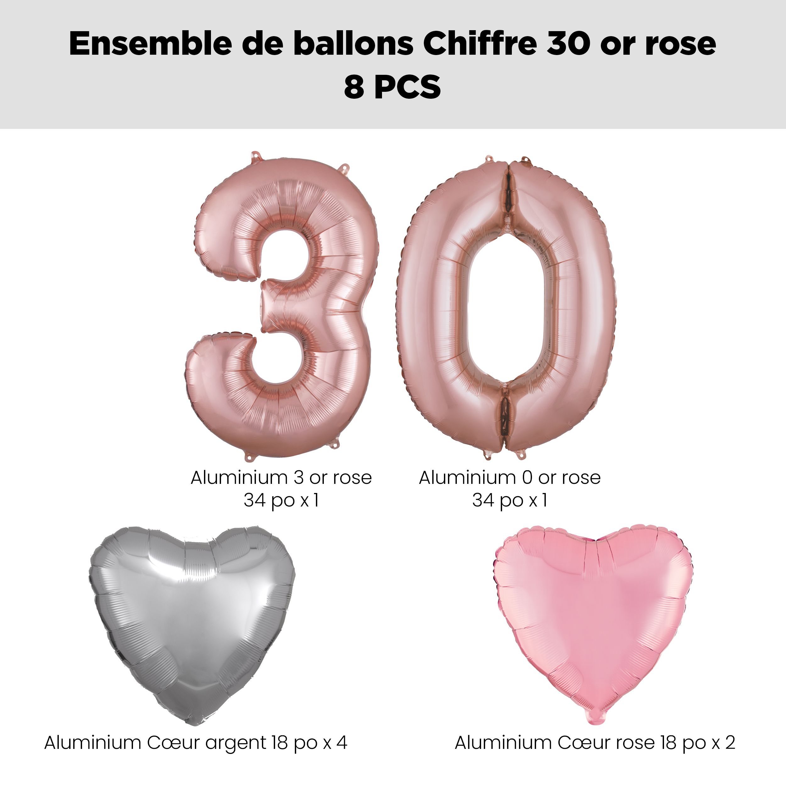 Bouquet de ballons, chiffre 30 or rose avec ballons en aluminium en forme de coeur, argent/rose, paq. 8, gonflage à l'hélium et ruban inclus pour anniversaire Front_Flat