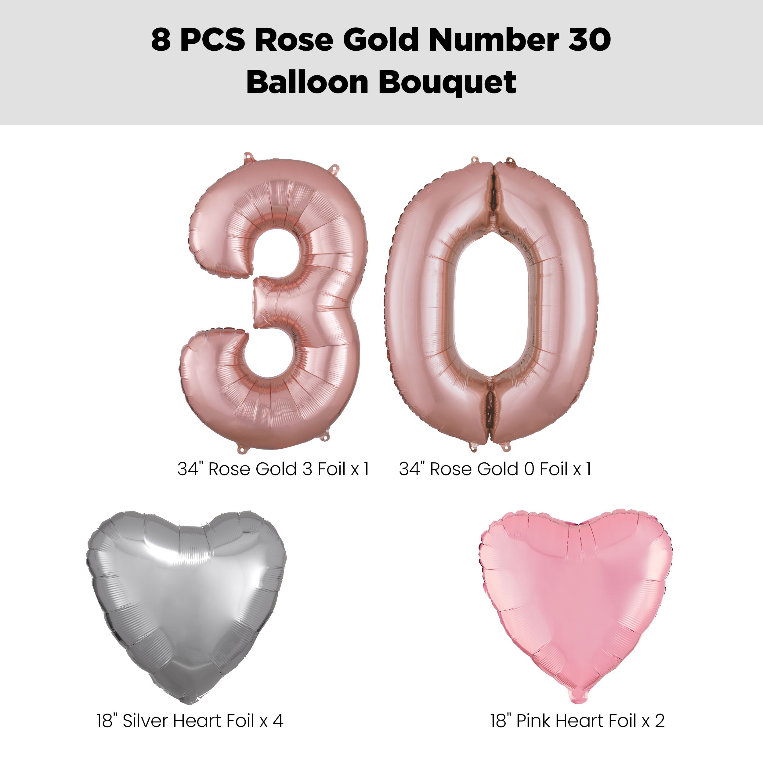 Number "30" Rose Gold Balloon Bouquet with Heart Foil Balloons, Silver/Pink, 8-pk, Helium Inflation & Ribbon Included for Birthday/Anniversary Front_Flat