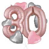Number "30" Rose Gold Balloon Bouquet with Heart Foil Balloons, Silver/Pink, 8-pk, Helium Inflation & Ribbon Included for Birthday/Anniversary Front_Flat