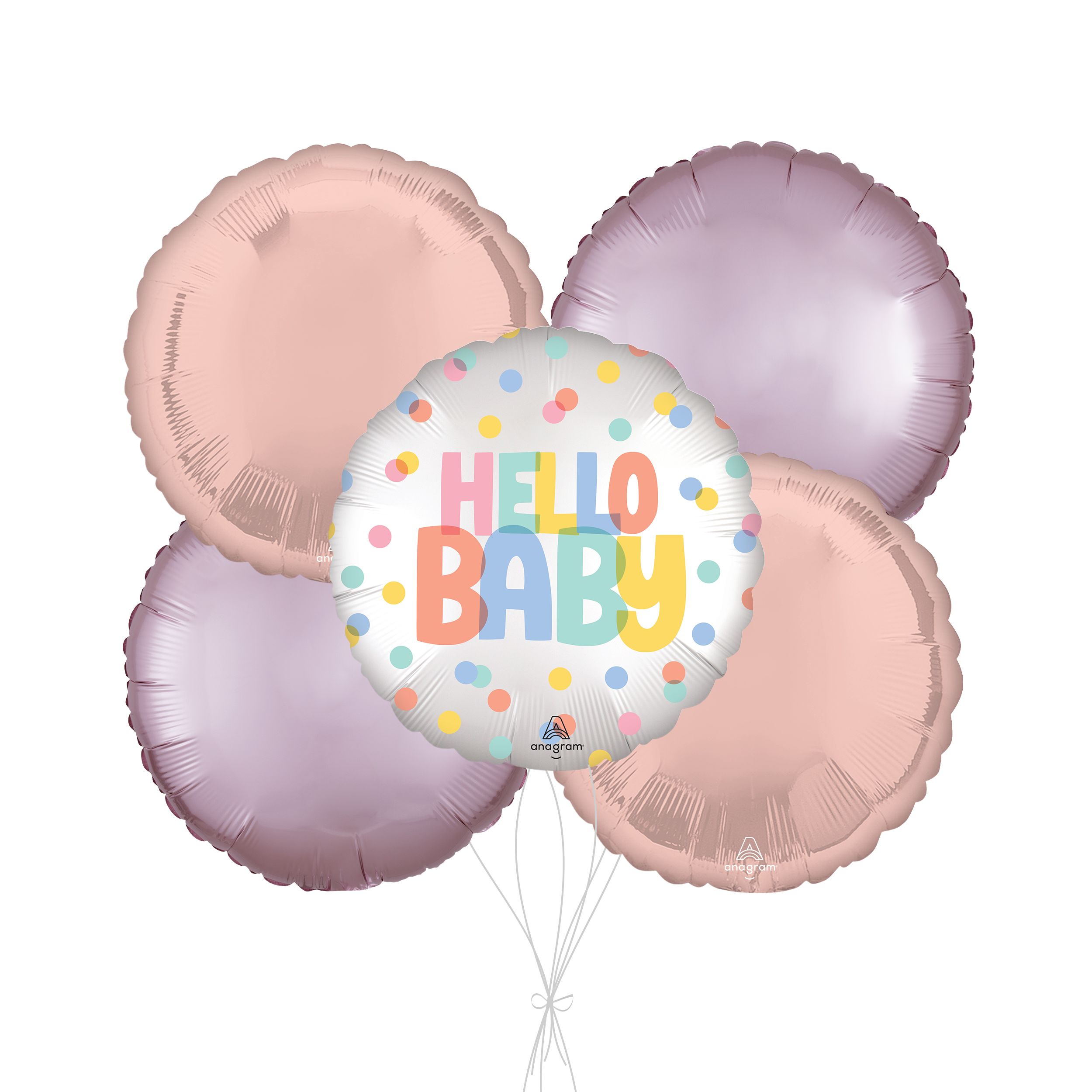 Bouquet de ballons avec ballon satin moderne « Hello Baby » et ballons ronds en aluminium, rose, rose pastel, paq. 5, gonflage à l’hélium et ruban compris Front_Flat