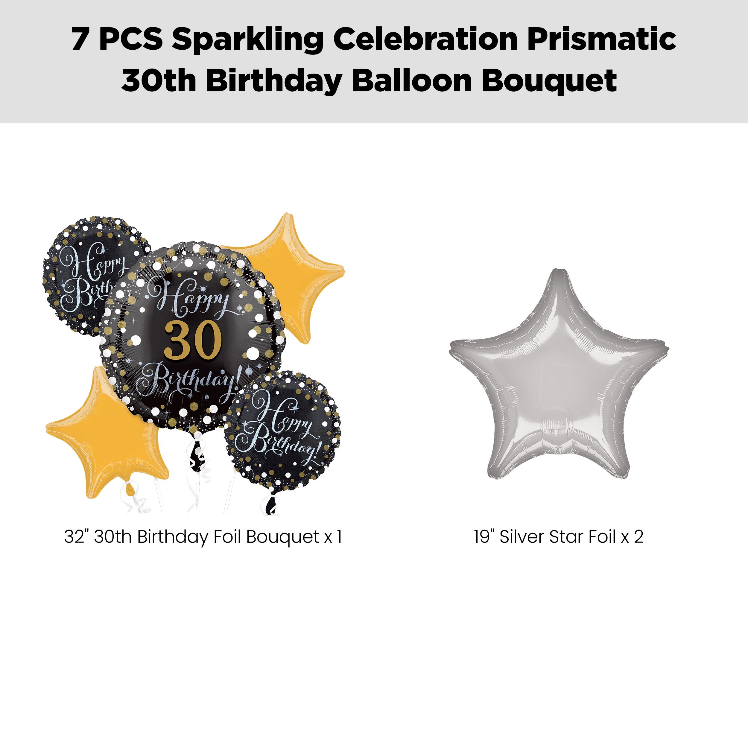 "Happy 30 Birthday!" Prismatic Birthday Jumbo Balloon Bouquet with Latex Balloons, Gold/Silver, 7-pk, Helium Inflation & Ribbon Included Front_Flat