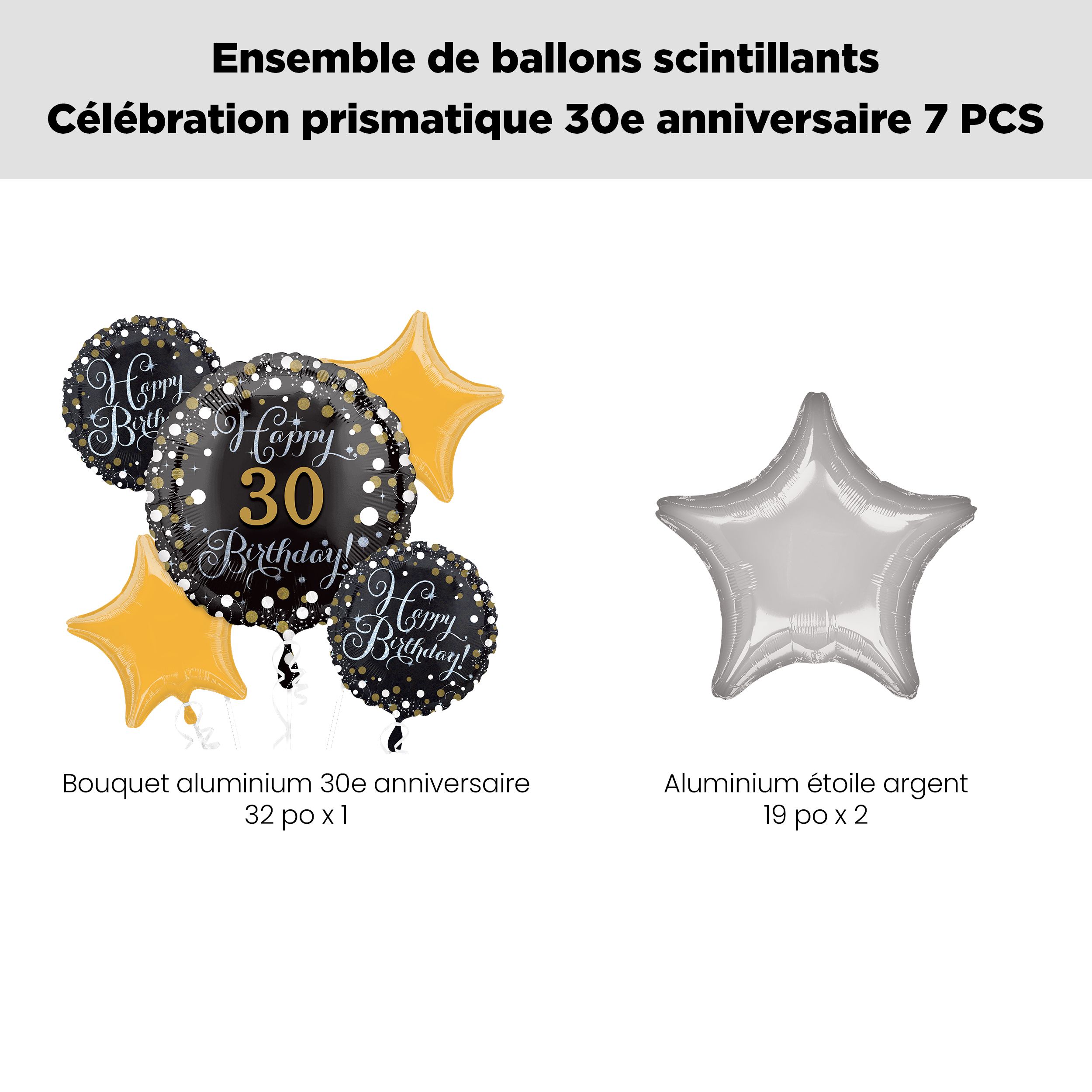 Happy 30th Birthday! Bouquet de ballons géant prismatique d'anniversaire avec ballons en latex, doré/argenté, paq. 7, gonflage à l'hélium et ruban inclus Front_Flat
