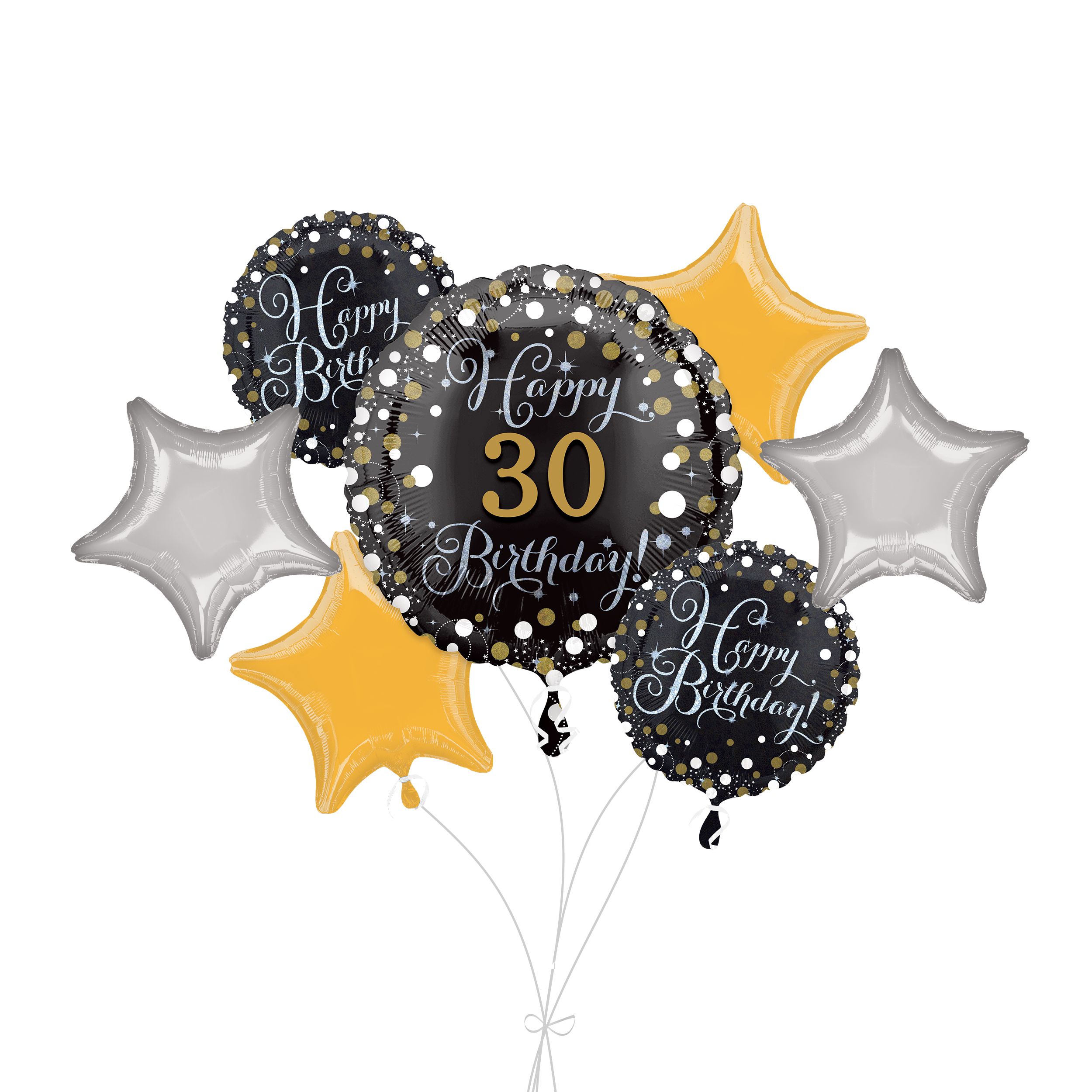 Happy 30th Birthday! Bouquet de ballons géant prismatique d'anniversaire avec ballons en latex, doré/argenté, paq. 7, gonflage à l'hélium et ruban inclus Front_Flat