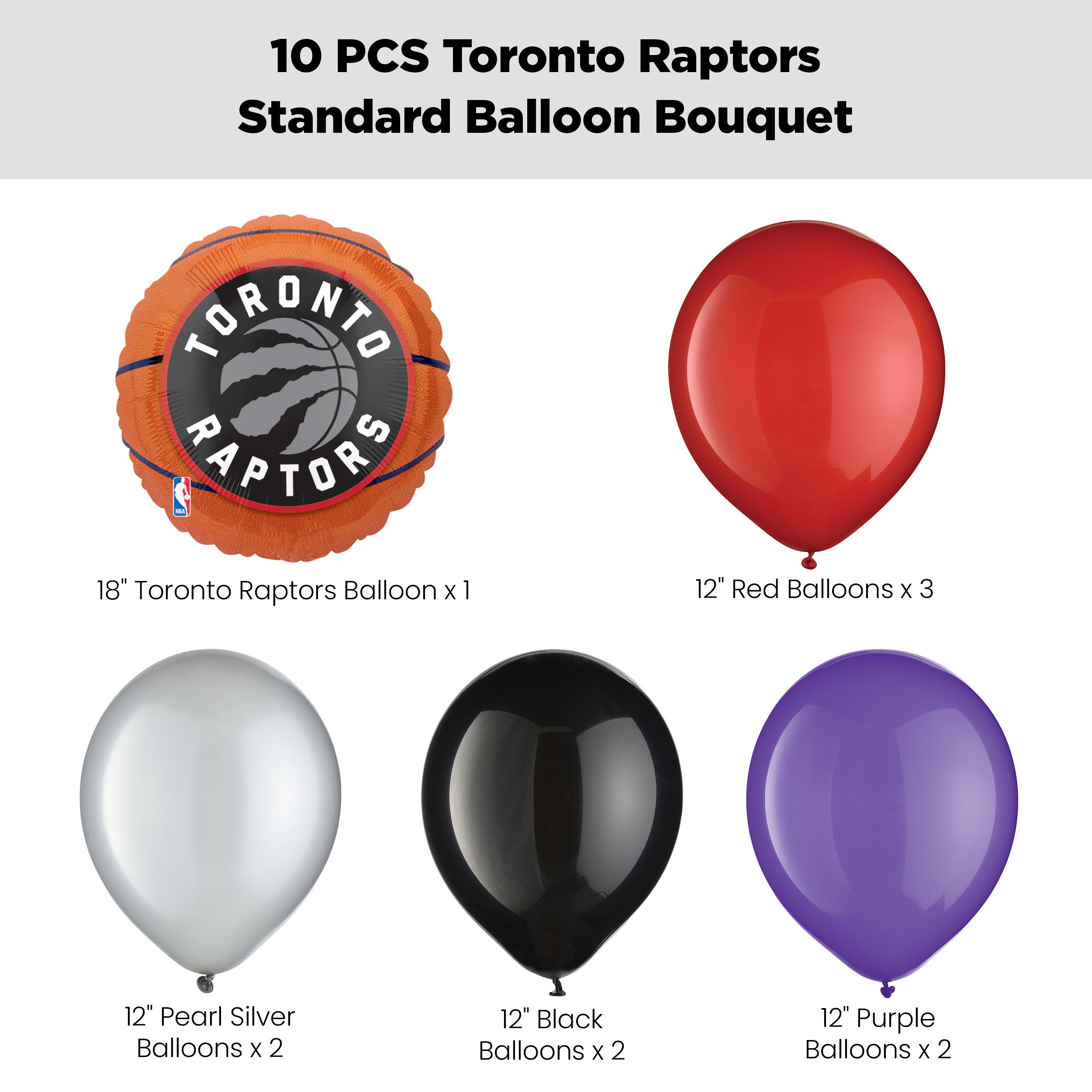 "Toronto Raptors" Balloon Bouquet with Latex Balloons, Red/Silver/Black/Purple, 10-pk, Helium Inflation & Ribbon Included Front_Flat