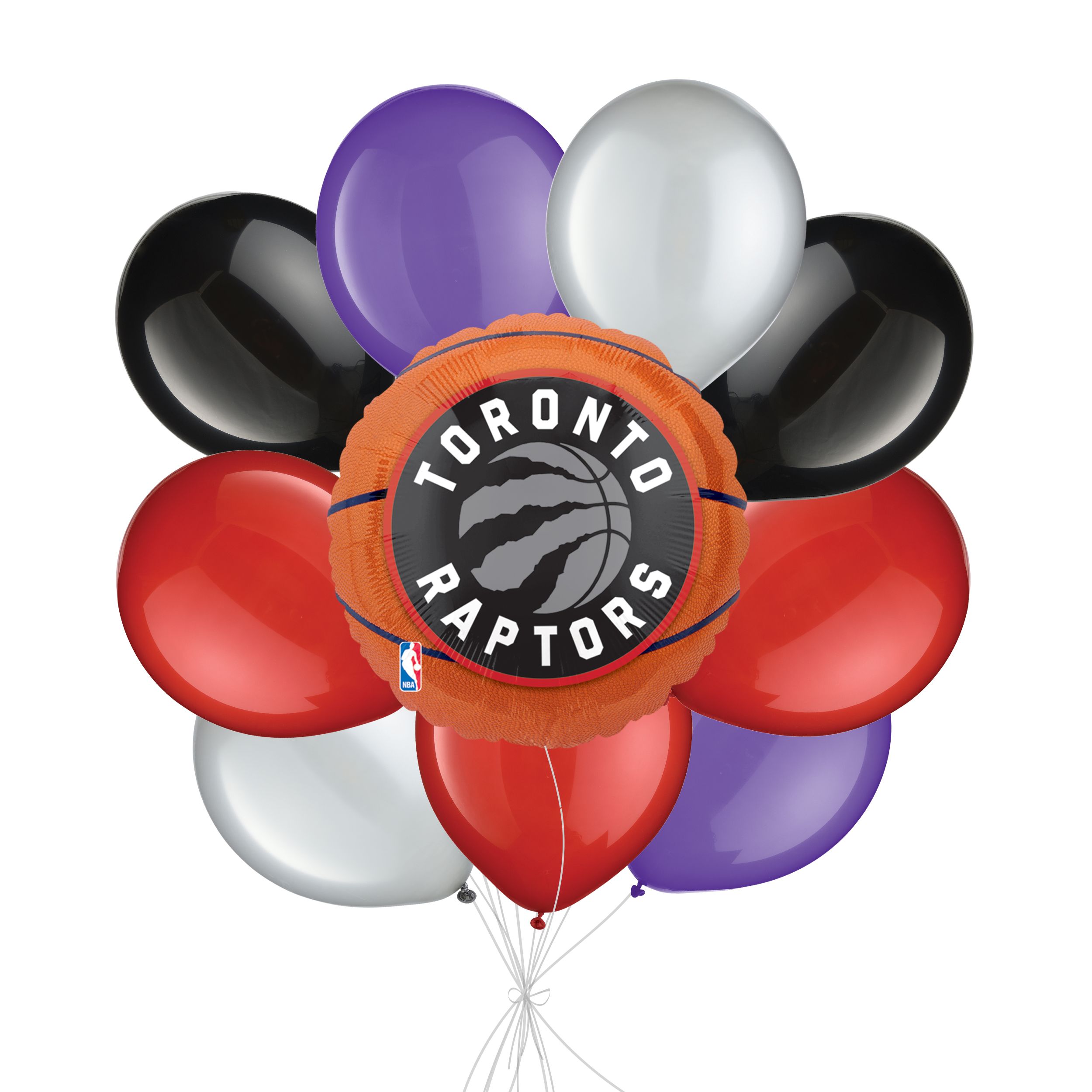 Bouquet de ballons Raptors de Toronto avec ballons en latex, argent, noir et violet, 10 pce, gonflage à l’hélium et ruban compris Front_Flat