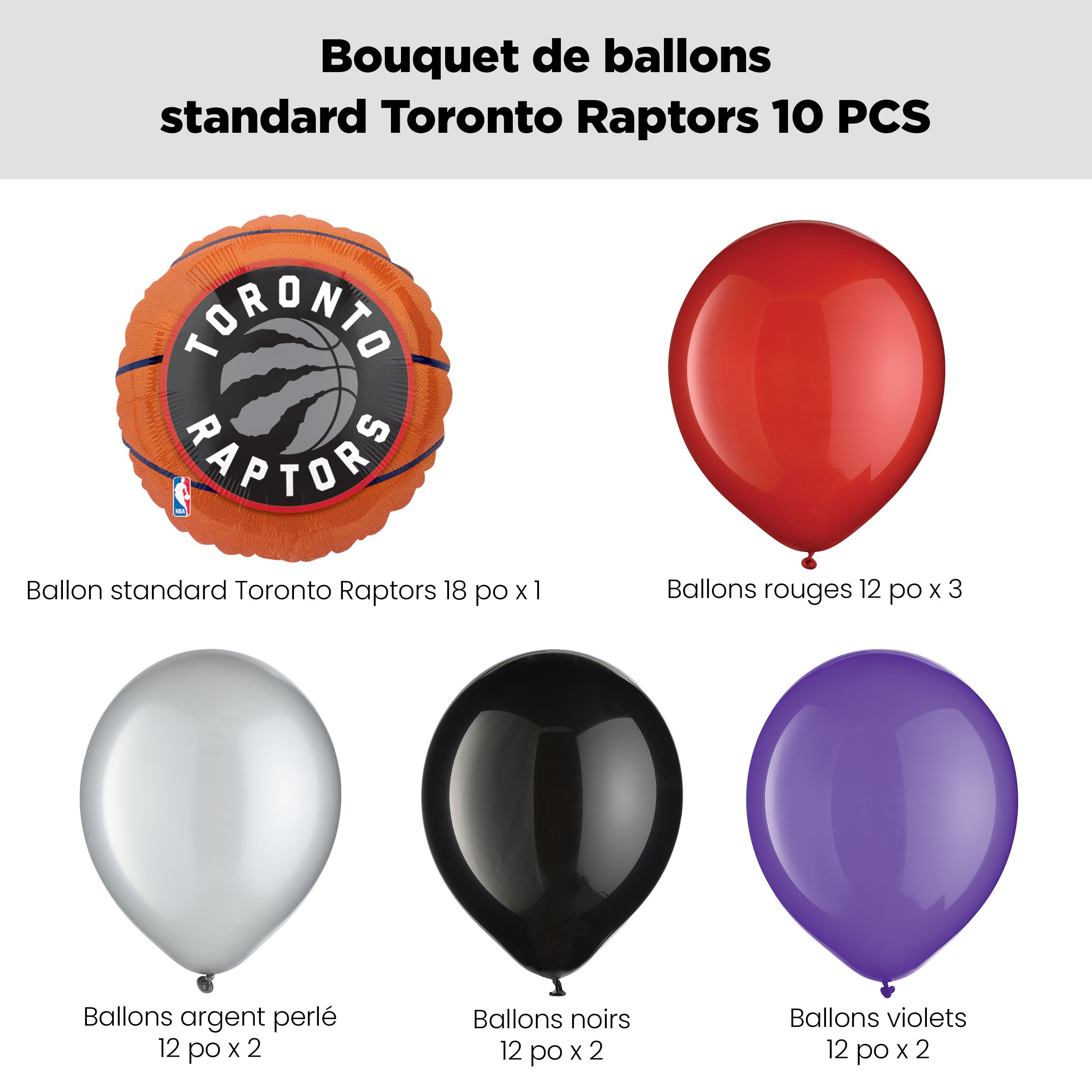 Bouquet de ballons Raptors de Toronto avec ballons en latex, argent, noir et violet, 10 pce, gonflage à l’hélium et ruban compris Front_Flat