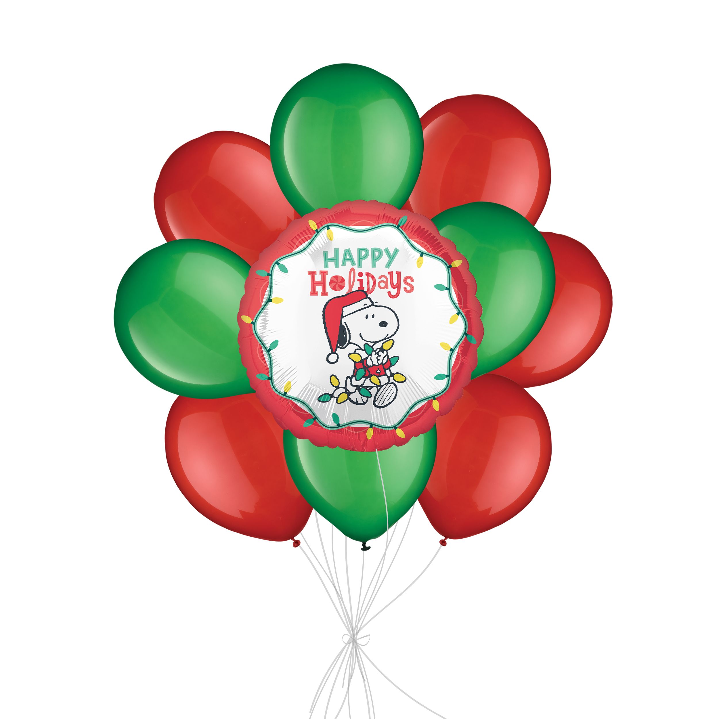 Bouquet de ballon Peanuts Happy Holidays avec ballons en latex, rouge/vert festif, 10 pièces, gonflement à l'hélium et ruban inclus, pour Noël et le jour de l'An Front_Flat
