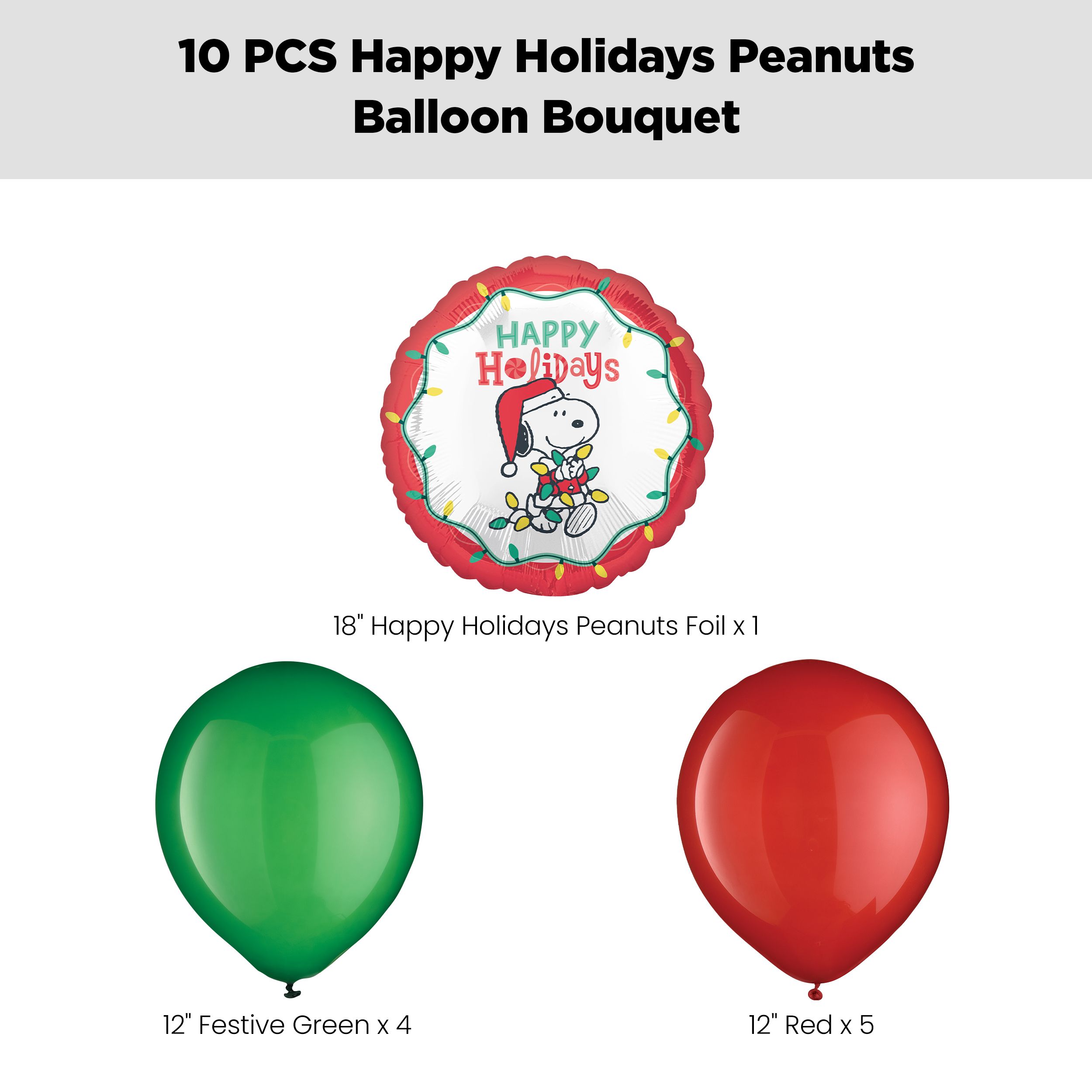 "Happy Holidays" Peanuts Balloon Bouquet with Latex Balloons, Red/Festival Green, 10-pk, Helium Inflation & Ribbon Included for Christmas and New Year's Eve Front_Flat