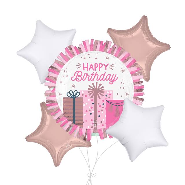 “Happy Birthday” Pastel Pink Ruffle Jumbo Balloon Bouquet with Star Foil Balloons, Pink/White, 5-pk, Helium Inflation & Ribbon Included Front_Flat