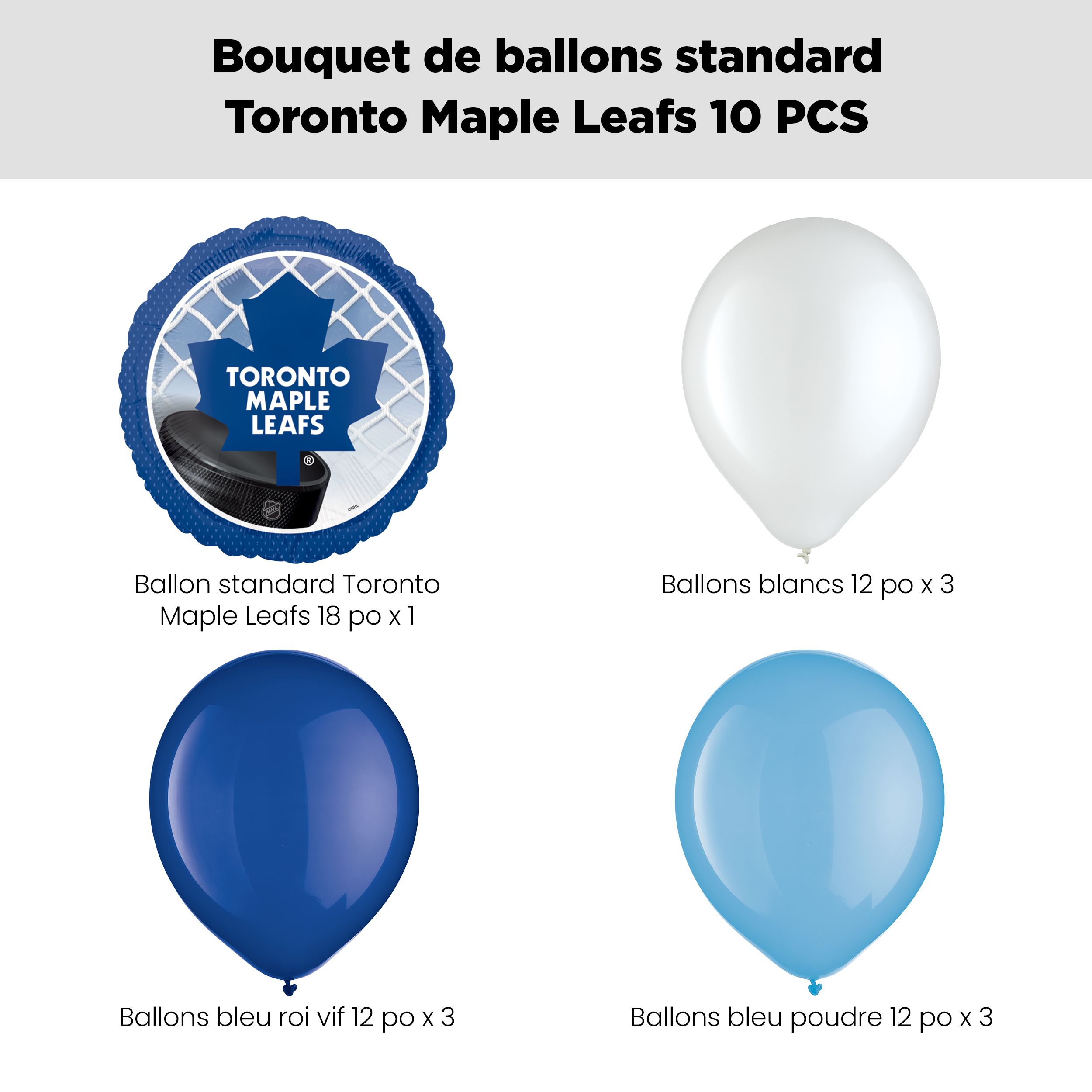 Bouquet de ballons avec ballon des Maple Leafs de Toronto et ballons en latex, blanc et bleu, 10 pce, gonflage à l’hélium et ruban compris Front_Flat