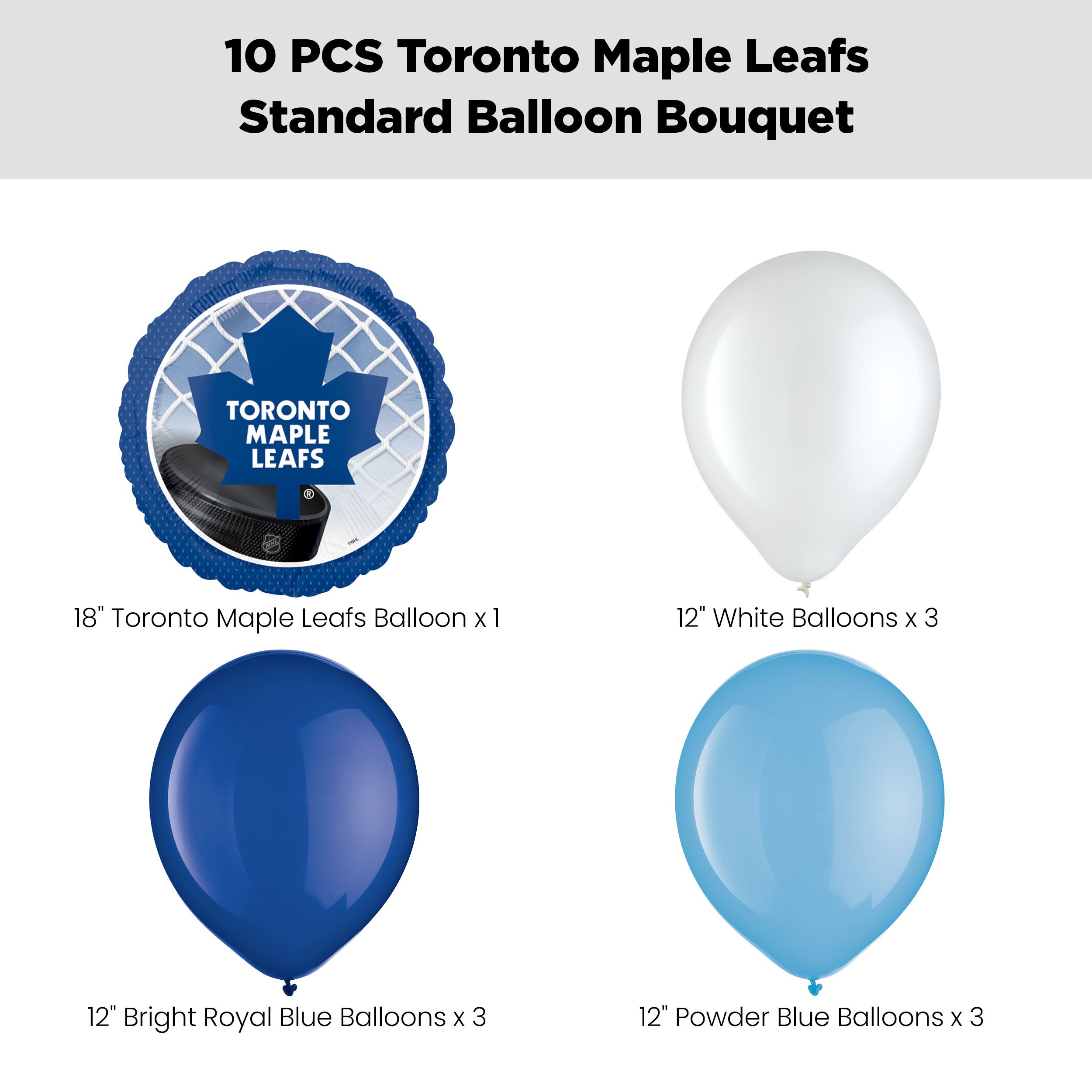 Toronto Maple Leafs Balloon Bouquet with Latex Balloons, White/Blue, 10-pk, Helium Inflation & Ribbon Included Front_Flat