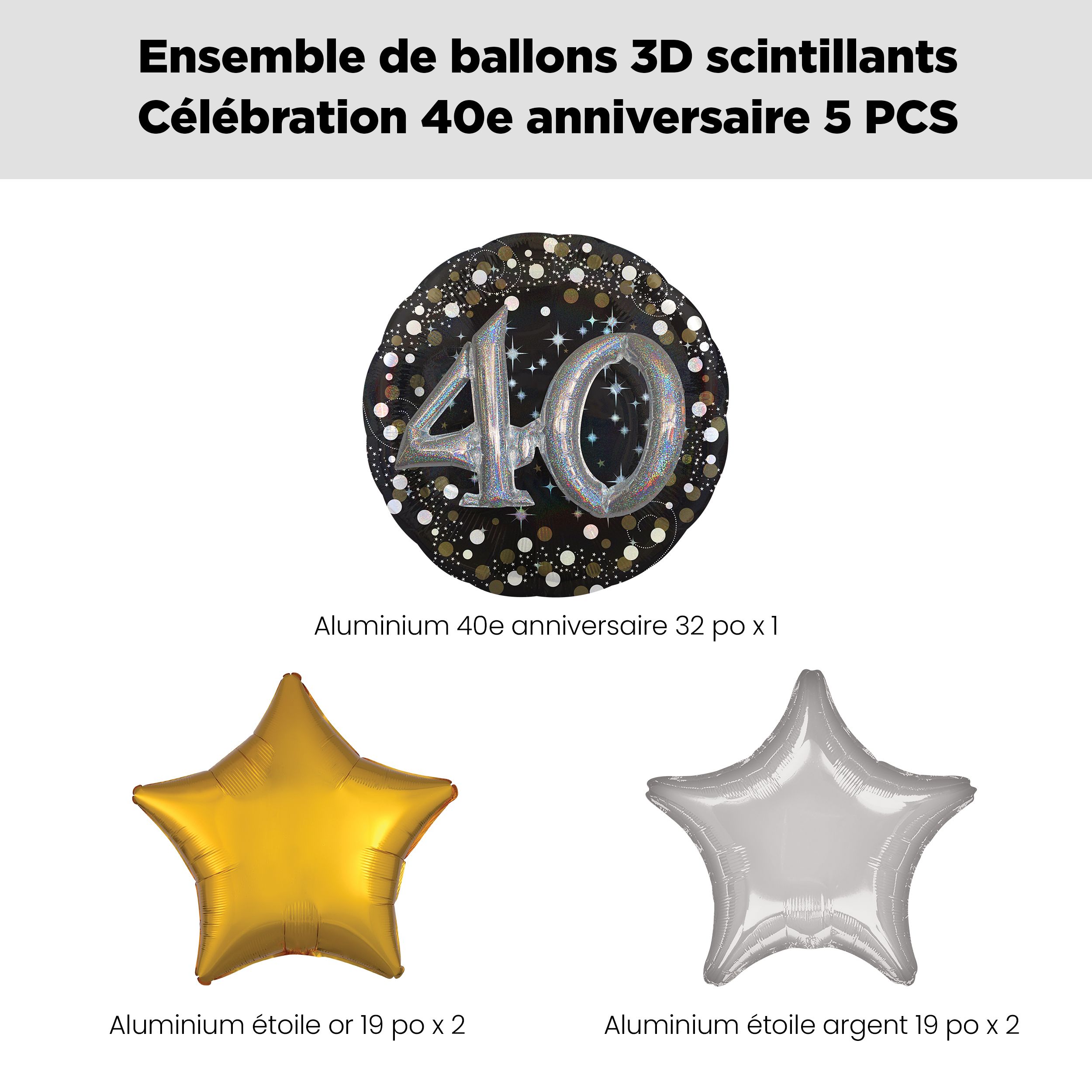 Bouquet de ballons géants 3D célébration étincelante 40 avec ballons en aluminium en forme d'étoile, doré/argenté, paq. 5, gonflage à l'hélium et ruban inclus Front_Flat