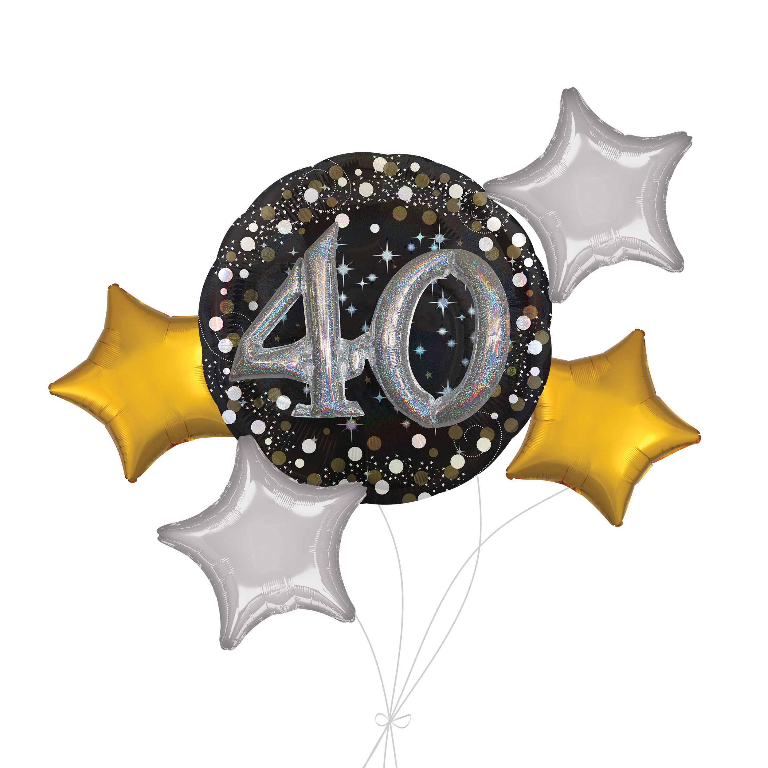 Bouquet de ballons géants 3D célébration étincelante 40 avec ballons en aluminium en forme d'étoile, doré/argenté, paq. 5, gonflage à l'hélium et ruban inclus Front_Flat