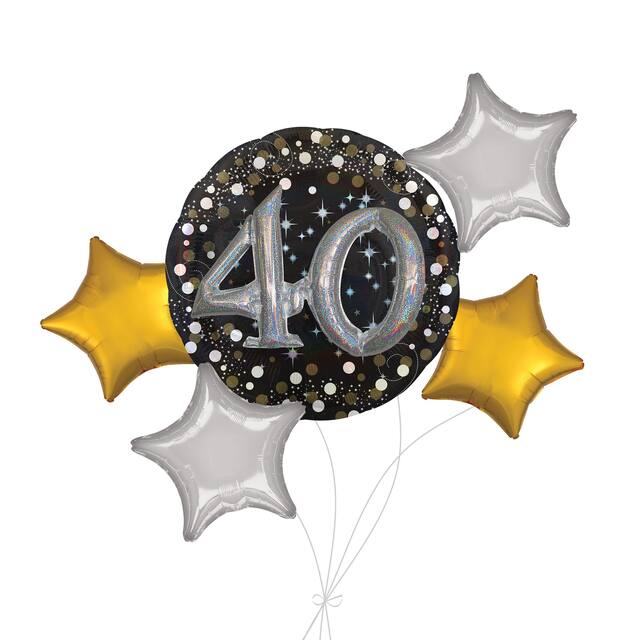 Bouquet de ballons géants 3D célébration étincelante 40 avec ballons en aluminium en forme d'étoile, doré/argenté, paq. 5, gonflage à l'hélium et ruban inclus Front_Flat