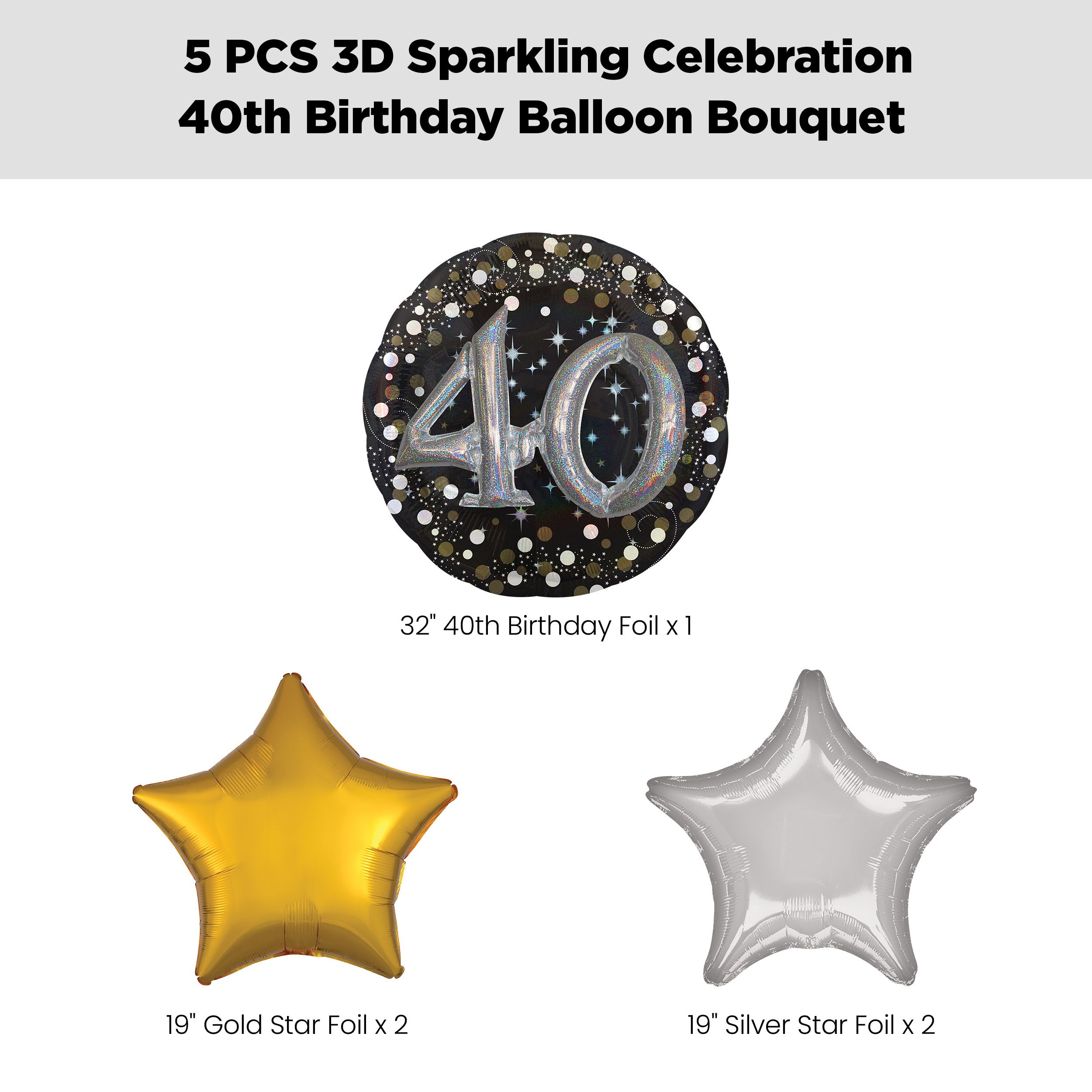 "40" 3D Sparkling Birthday Jumbo Balloon Bouquet with Star Foil Balloons, Gold/Silver, 5-pk, Helium Inflation & Ribbon Included Front_Flat