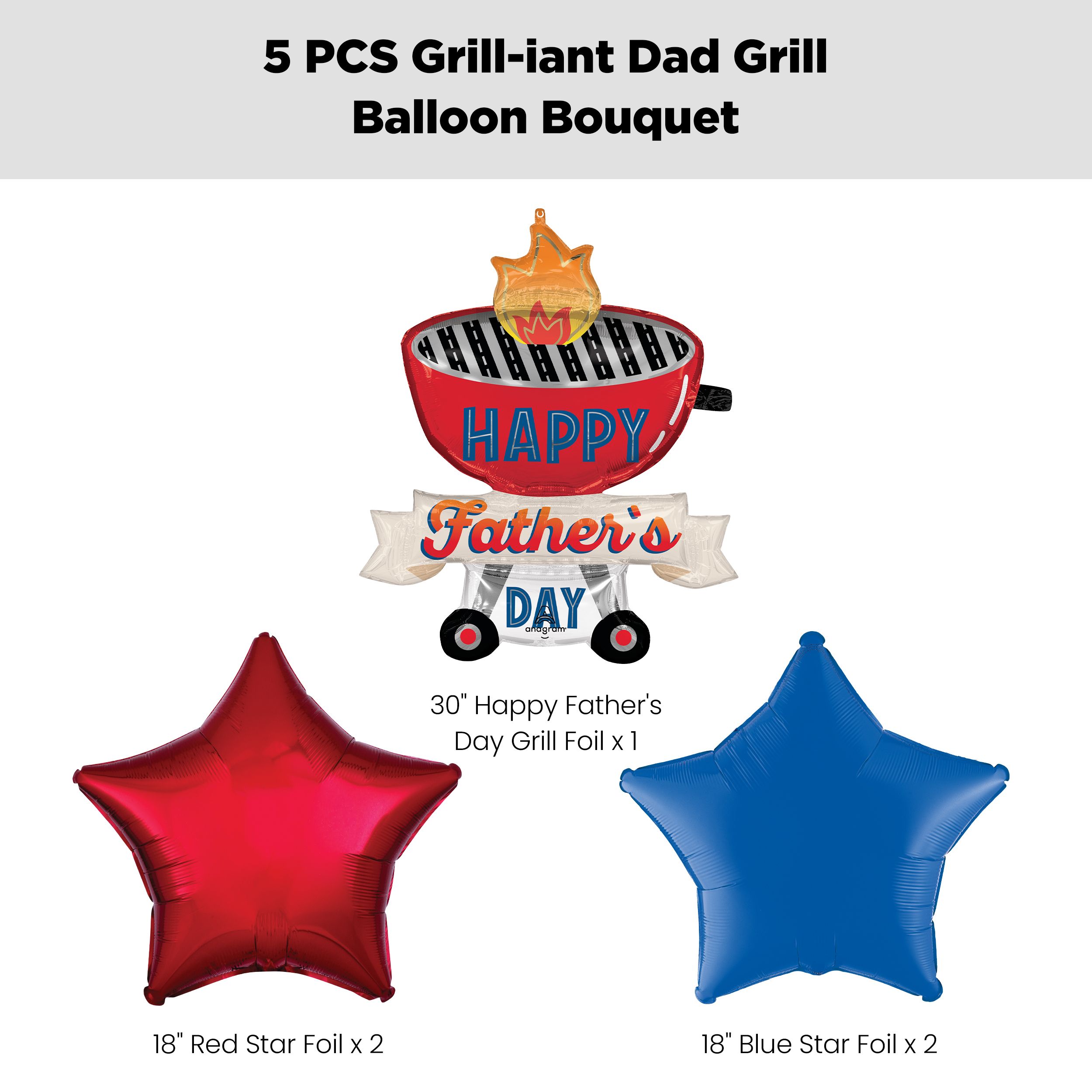 “Happy Father’s Day” Grill-iant Dad Grill Supershape Balloon Bouquet with Star Foil Balloons, Red/Blue, 5-pk, Helium Inflation & Ribbon Included Front_Flat