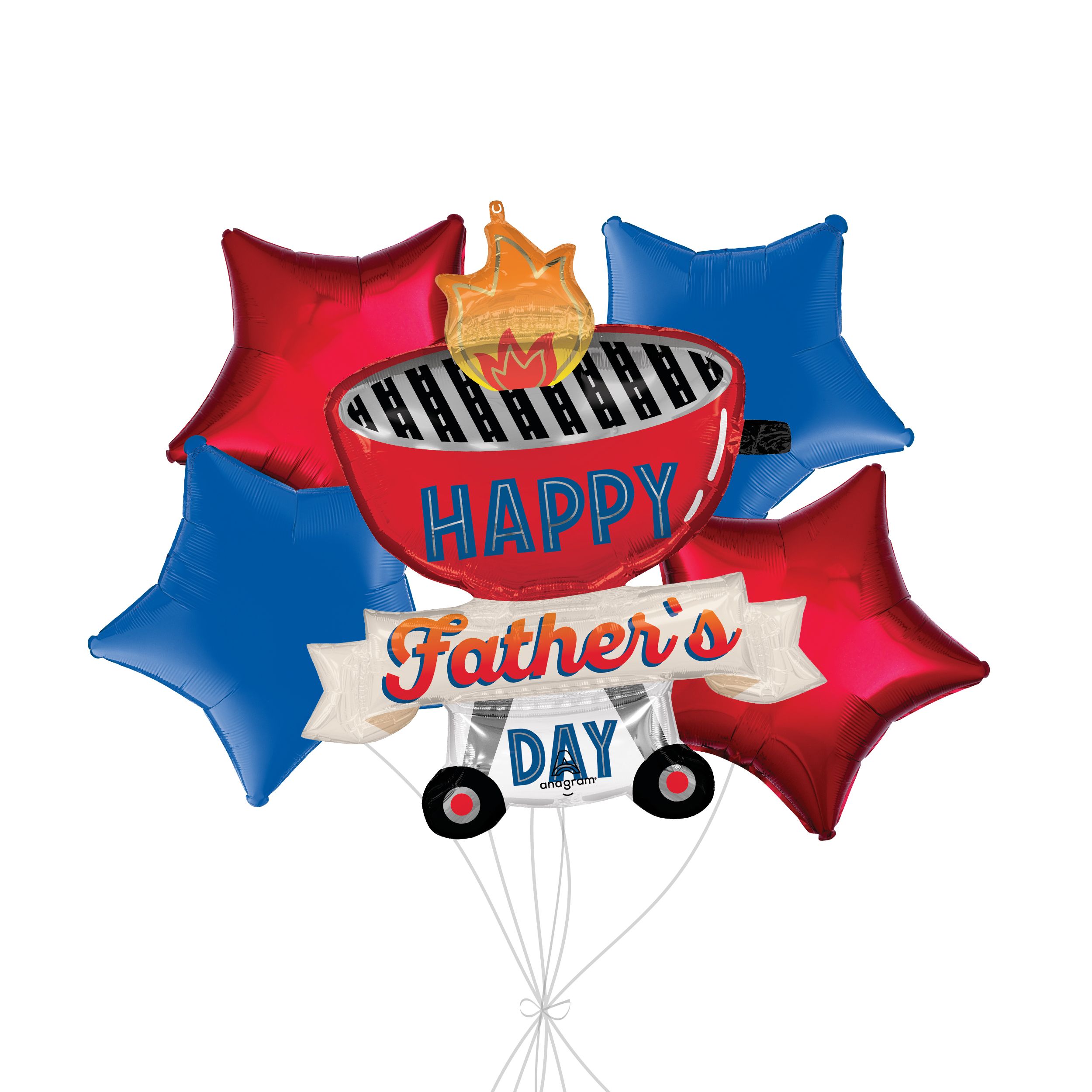 Bouquet de ballons de forme extraordinaire barbecue Grill-iant Dad Happy Father’s Day avec ballons en aluminium en forme d’étoile, rouges et bleus, paq. 5, gonflage à l’hélium et ruban compris Front_Flat