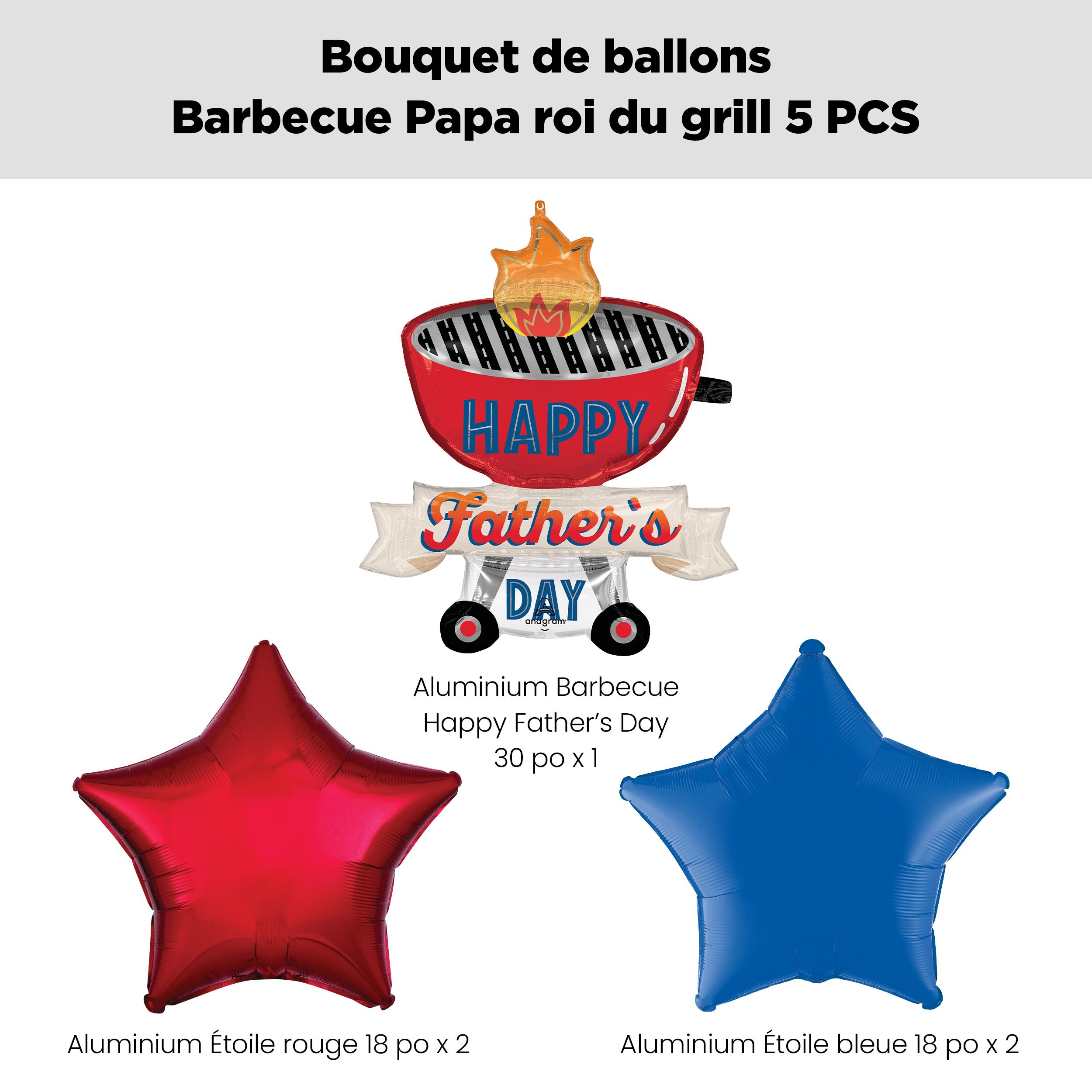 Bouquet de ballons de forme extraordinaire barbecue Grill-iant Dad Happy Father’s Day avec ballons en aluminium en forme d’étoile, rouges et bleus, paq. 5, gonflage à l’hélium et ruban compris Front_Flat