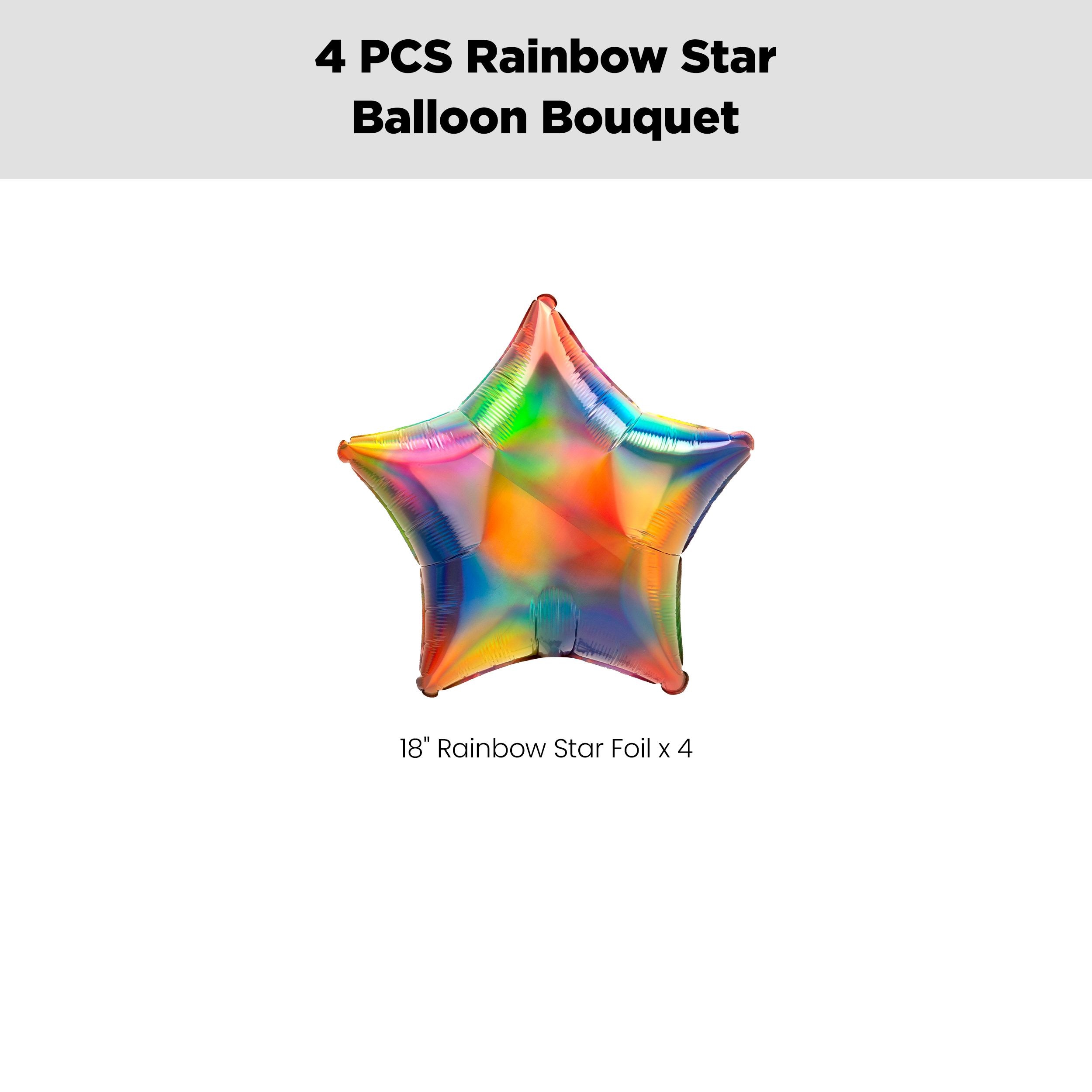 Star Foil Balloon Bouquet, Rainbow, 4-pk, Helium Inflation & Ribbon Included for Birthday/Special Occasion Front_Flat