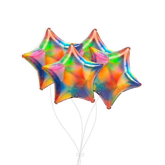 Star Foil Balloon Bouquet, Rainbow, 4-pk, Helium Inflation & Ribbon Included for Birthday/Special Occasion Front_Flat