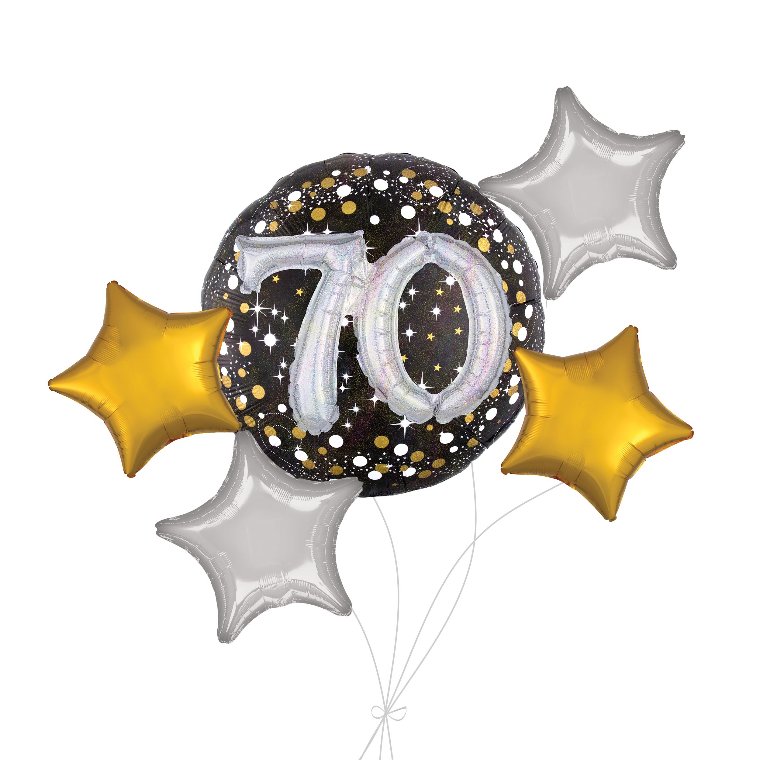 Bouquet de ballons géants 3D célébration étincelante 70 avec ballons en aluminium en forme d'étoile, doré/argenté, paq. 5, gonflage à l'hélium et ruban inclus Front_Flat