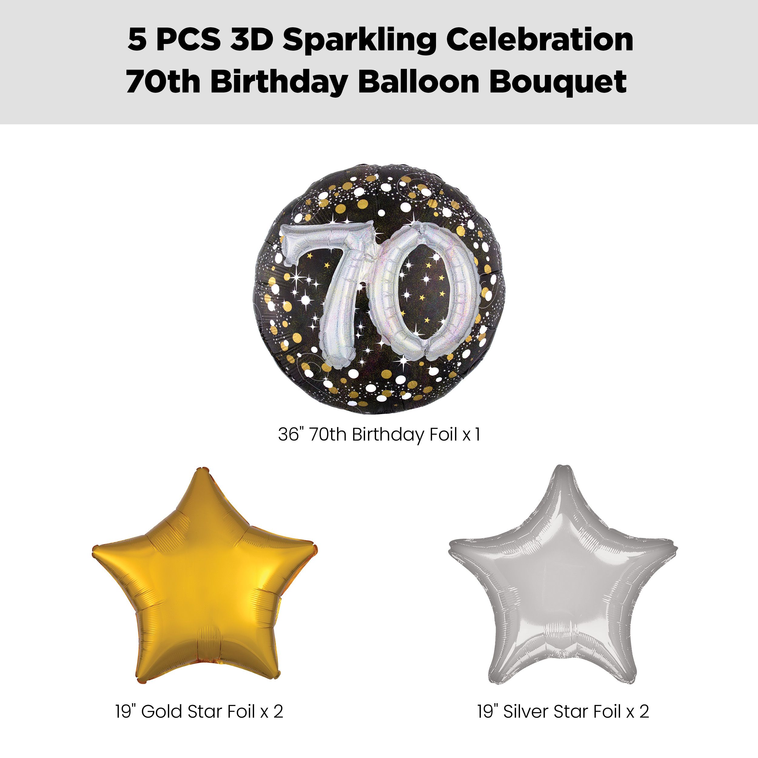 "70" 3D Sparkling Birthday Jumbo Balloon Bouquet with Star Foil Balloons, Gold/Silver, 5-pk, Helium Inflation & Ribbon Included Front_Flat